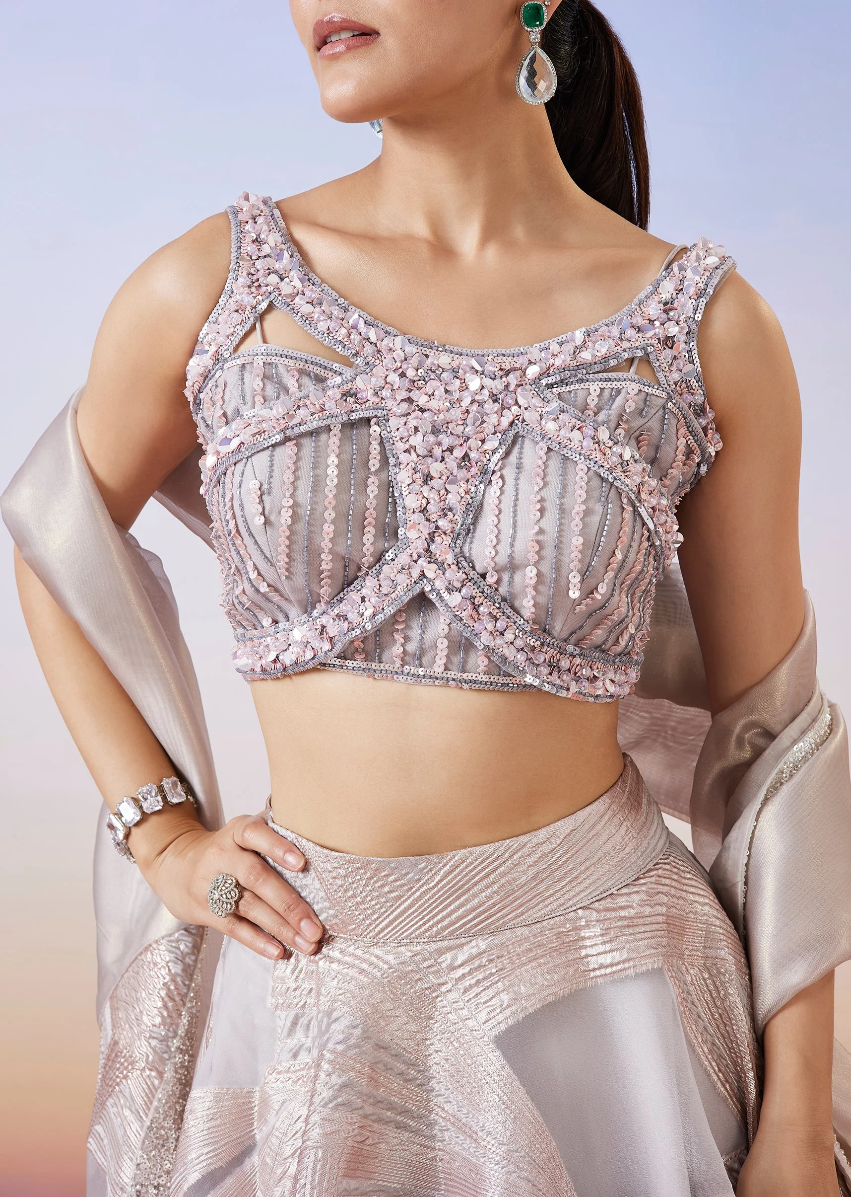 Rose Gold Jacquard Fusion Lehenga With Dupatta - Image 3
