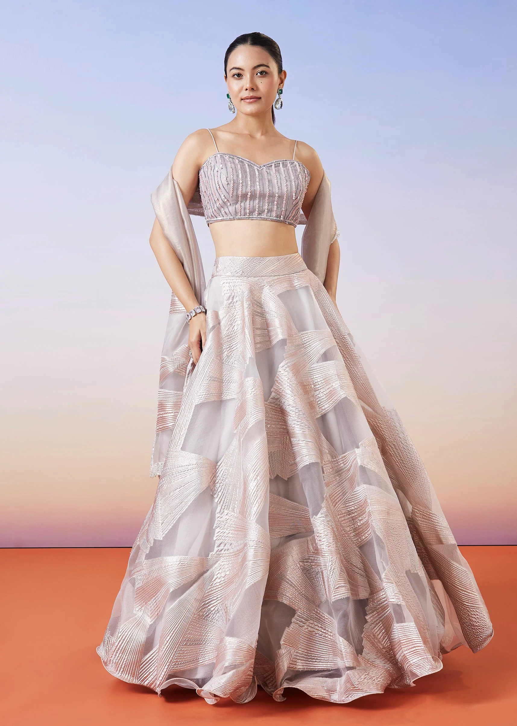 Rose Gold Jacquard Fusion Lehenga With Dupatta - Image 4