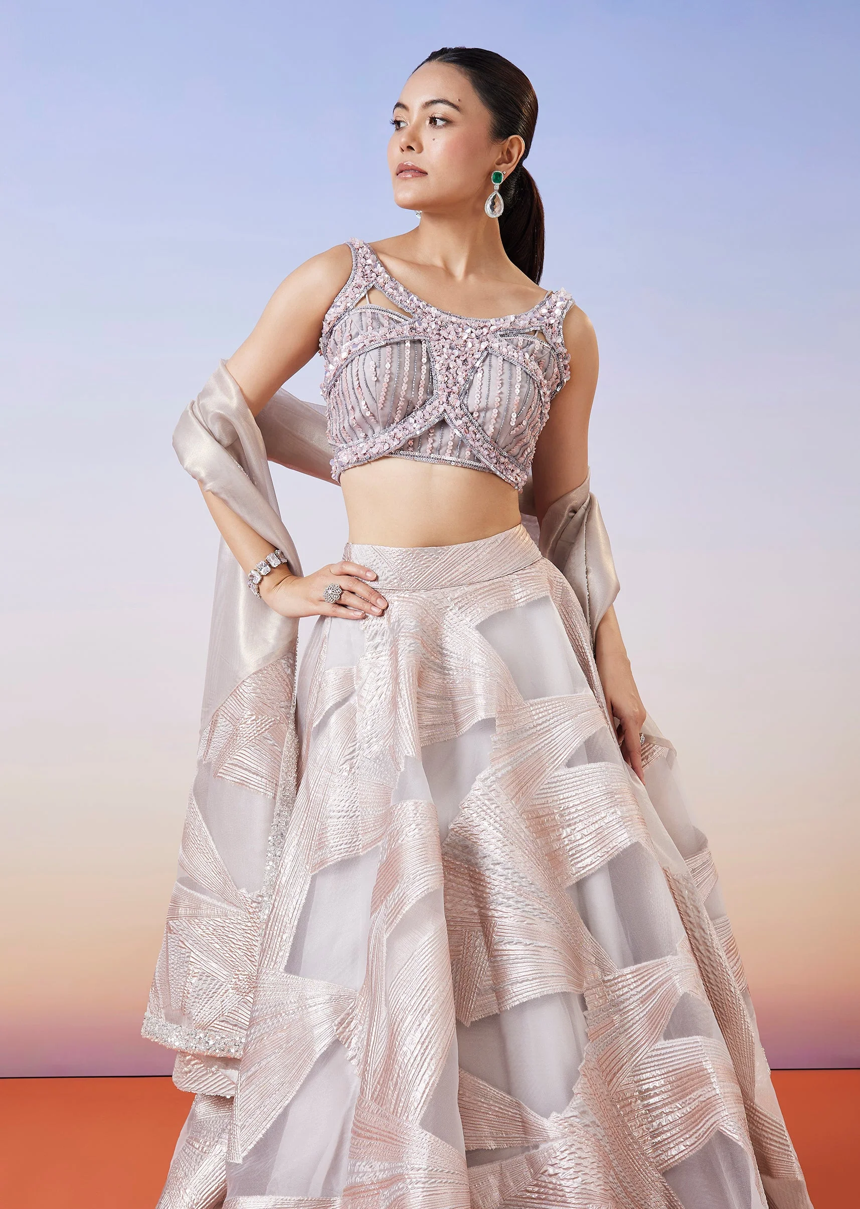 Rose Gold Jacquard Fusion Lehenga With Dupatta - Image 5