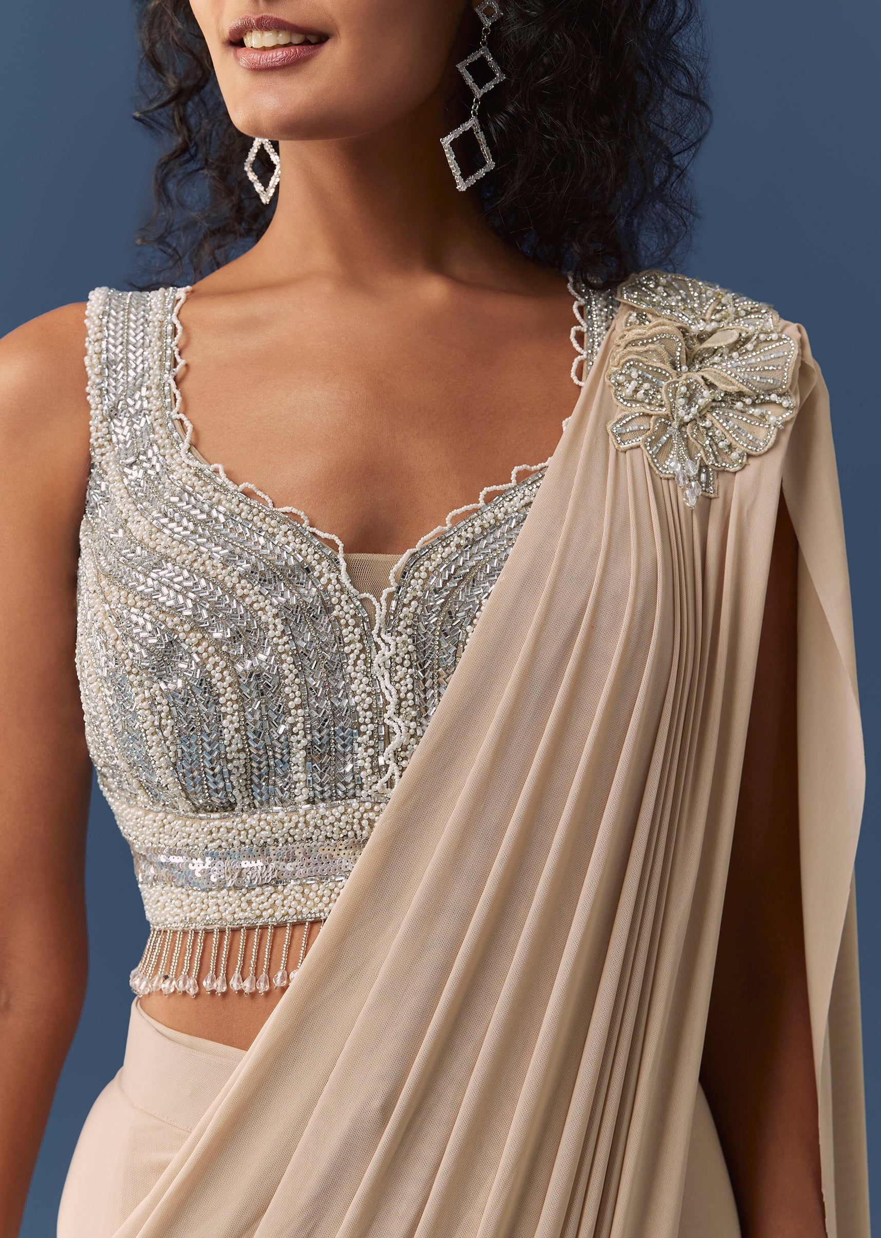 Rose Gold Pre-Draped Saree with Embellished Blouse - Image 2