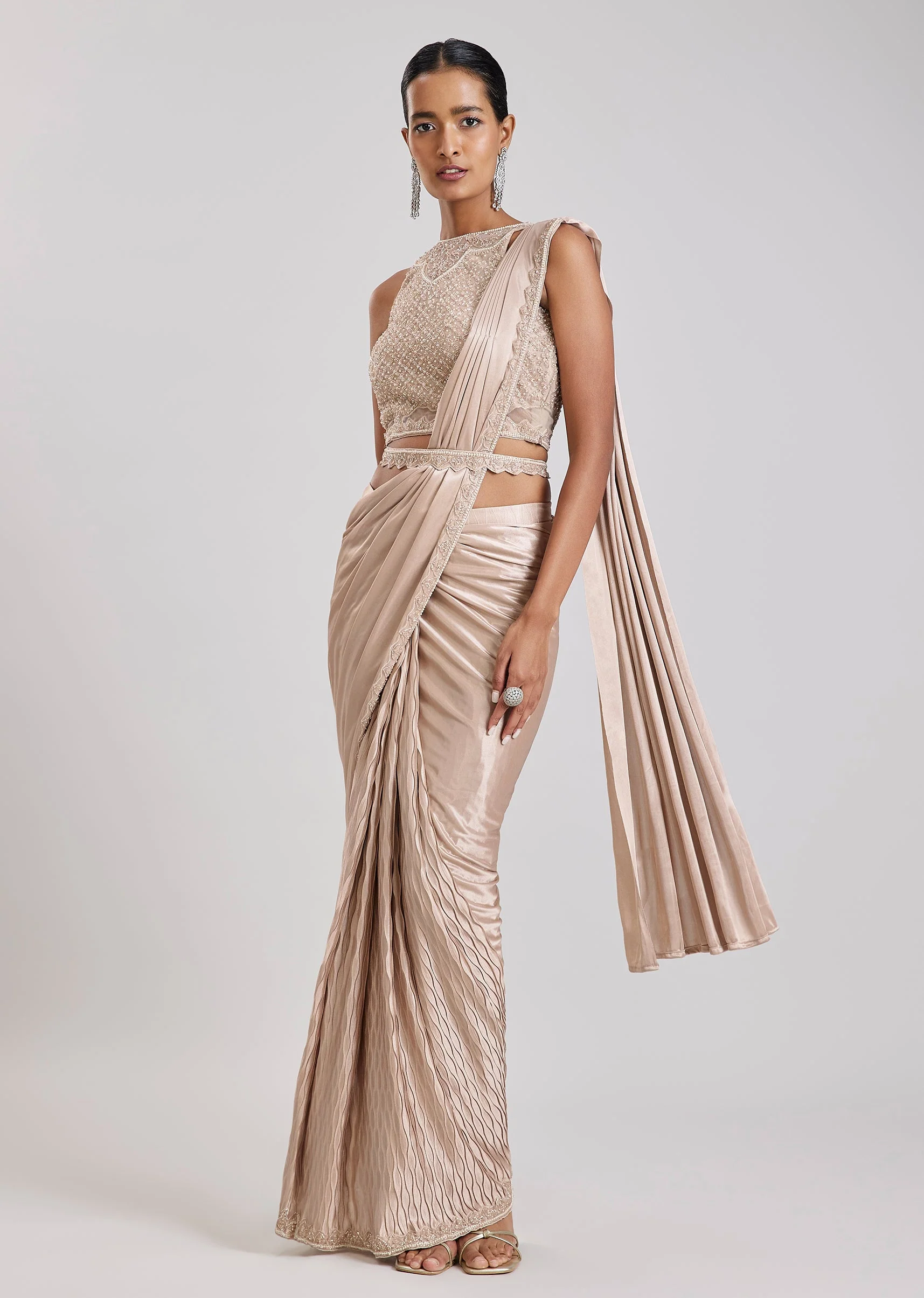 Rose Gold Ready Pleated Saree With Belt - Image 3