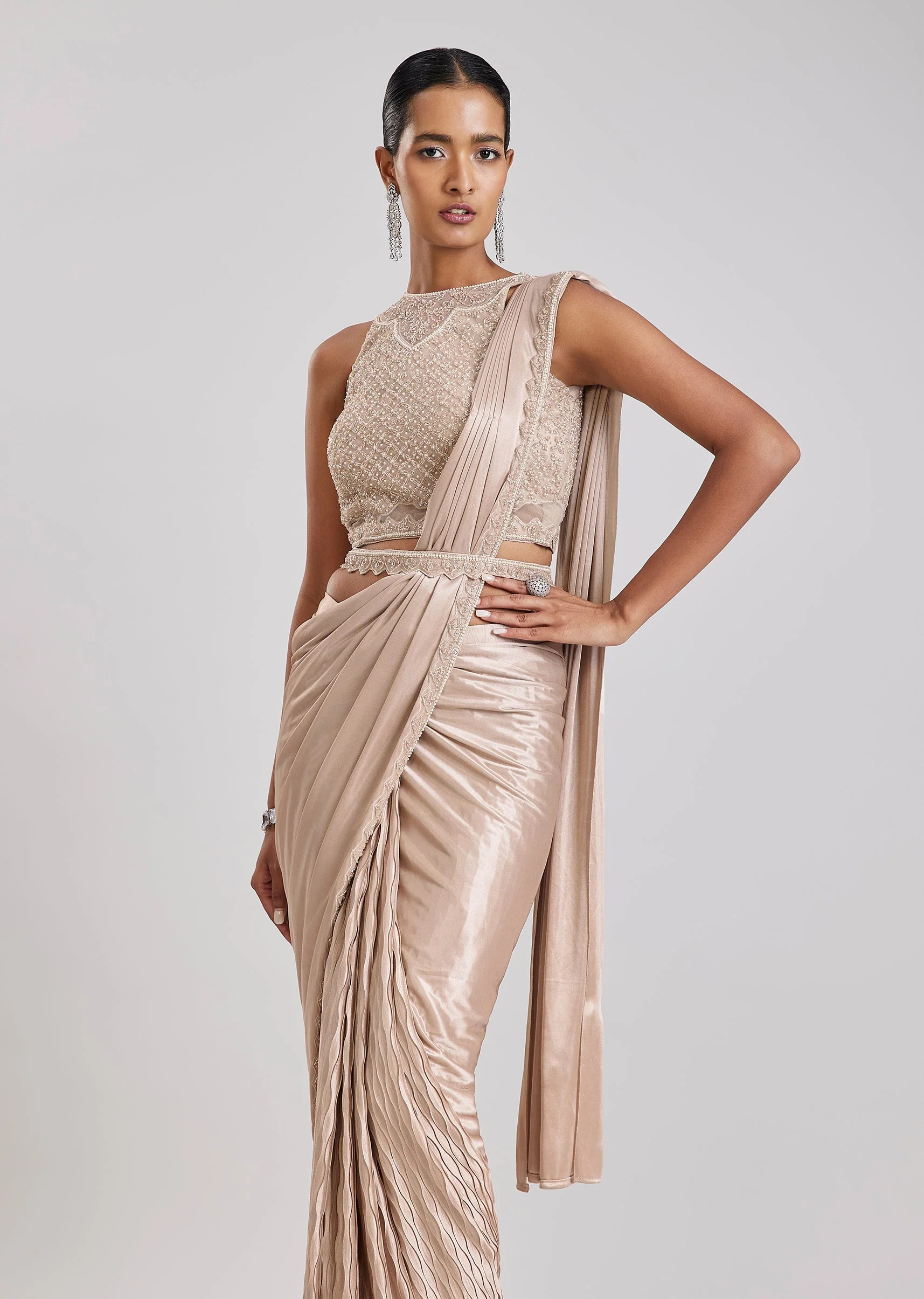 Rose Gold Ready Pleated Saree With Belt - Image 4