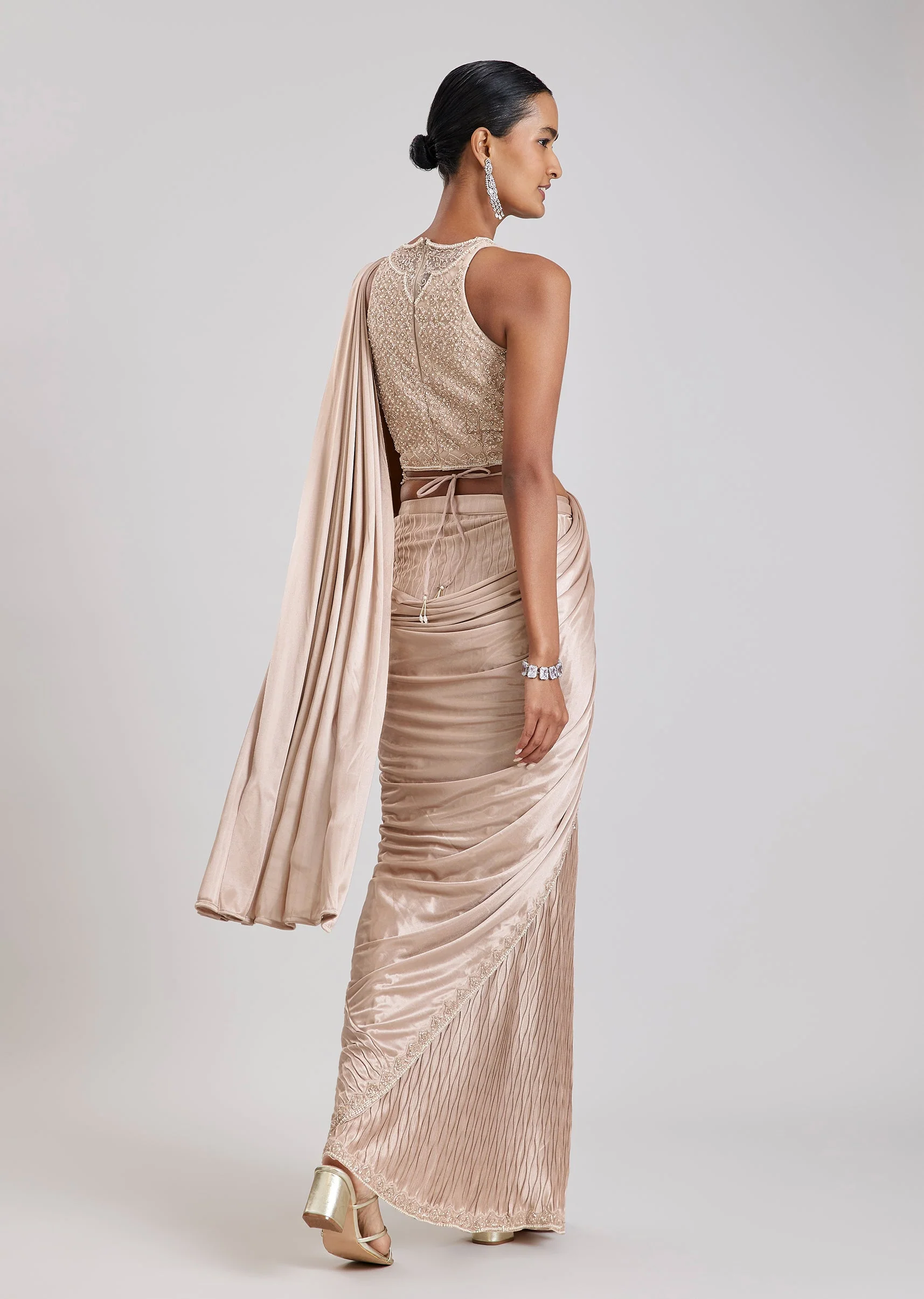Rose Gold Ready Pleated Saree With Belt - Image 5