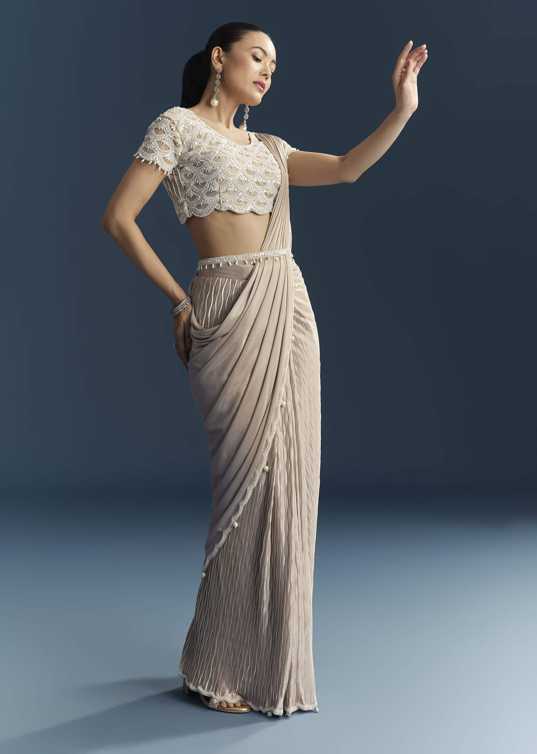 Rose Gold Ready Pleated Saree With Moti Work - Image 3