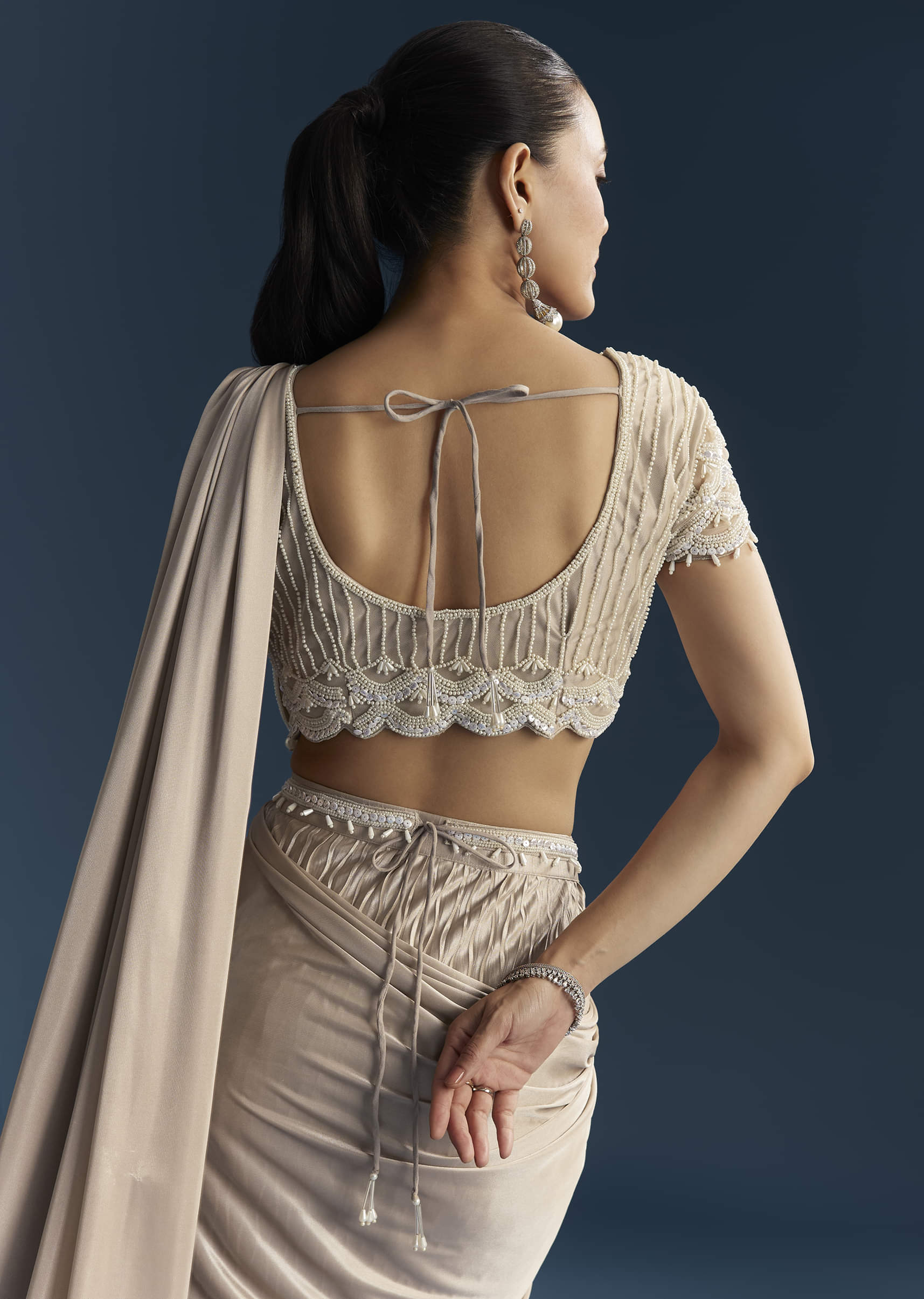 Rose Gold Ready Pleated Saree With Moti Work - Image 5