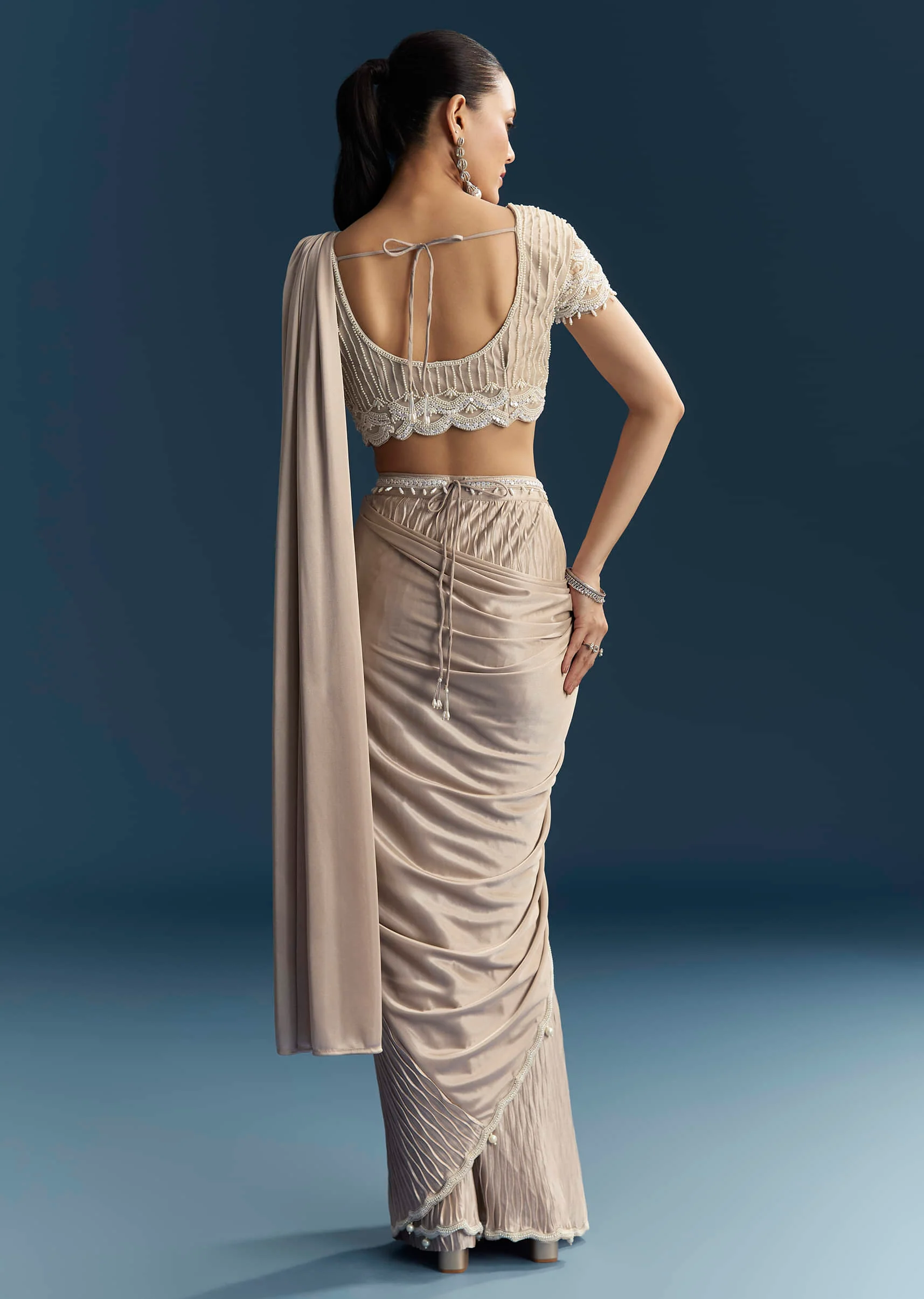 Rose Gold Ready Pleated Saree With Moti Work - Image 6