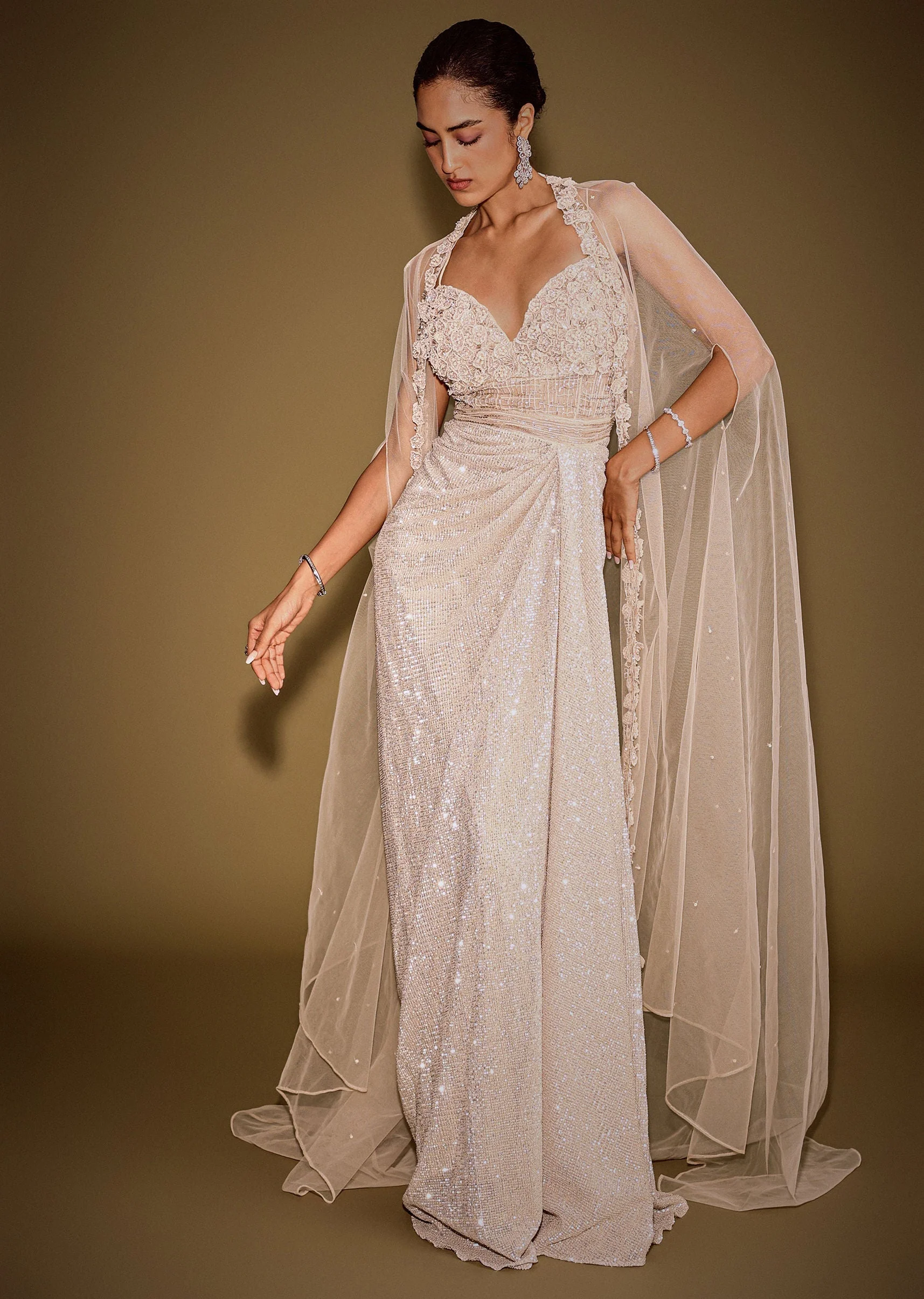 Rose Gold Shimmer Corset Gown With And Embellished Cape - Image 2
