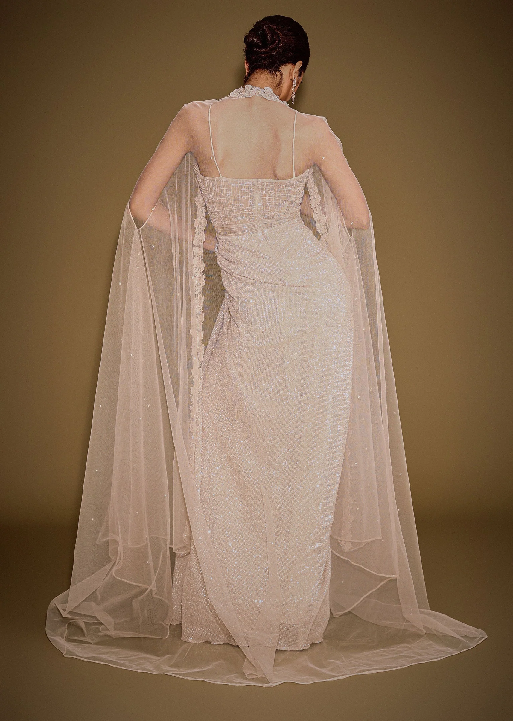 Rose Gold Shimmer Corset Gown With And Embellished Cape - Image 5