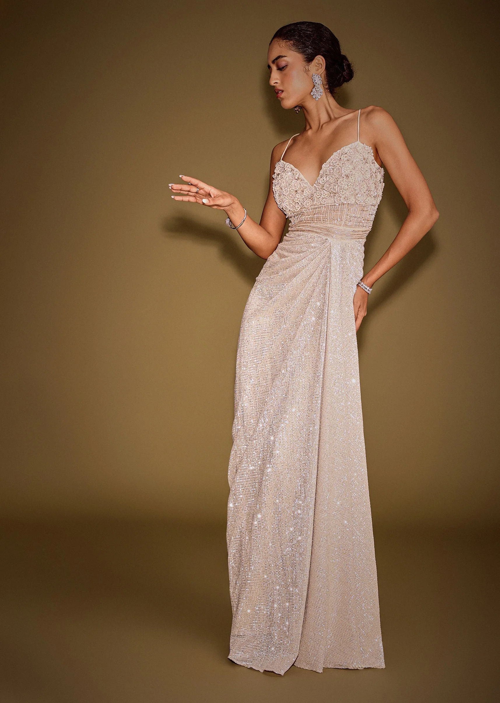 Rose Gold Shimmer Corset Gown With And Embellished Cape - Image 6
