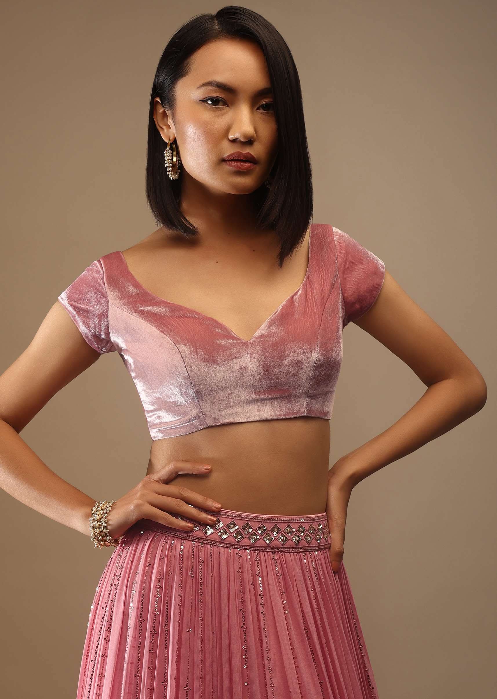 Rose Gold Velvet Blouse In Cap Sleeves With A Sweetheart Neckline Padded And A Back Hooks Closure - Image 3