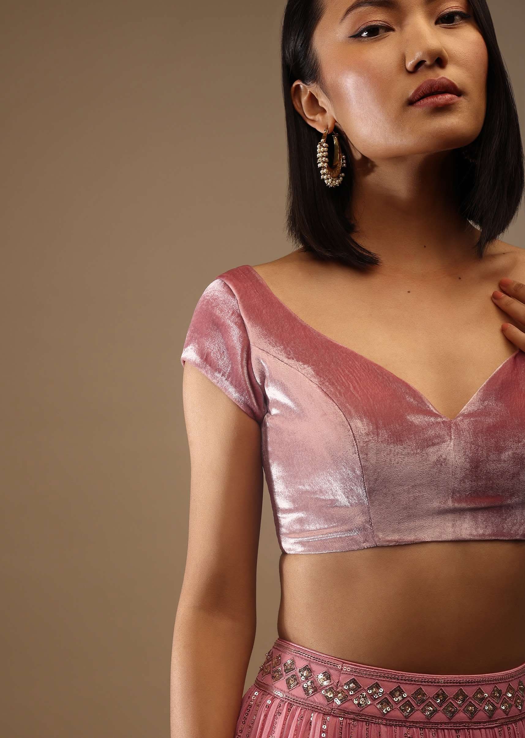 Rose Gold Velvet Blouse In Cap Sleeves With A Sweetheart Neckline Padded And A Back Hooks Closure - Image 4