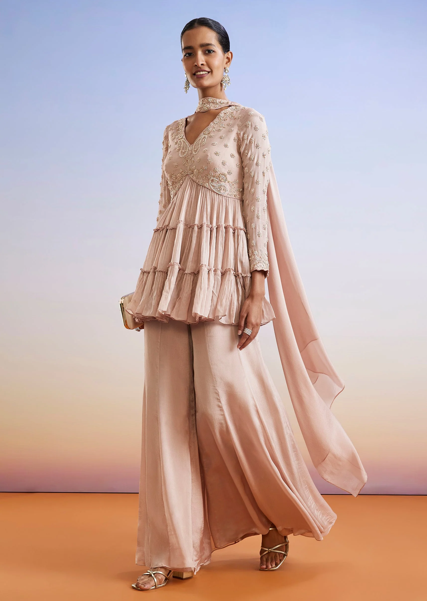 Rose Gold Zardosi Embroidered Chinon Peplum Palazzo Suit With Dupatta