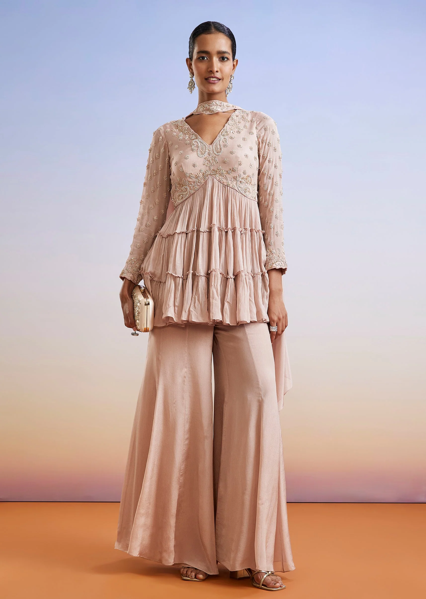 Rose Gold Zardosi Embroidered Chinon Peplum Palazzo Suit With Dupatta - Image 3