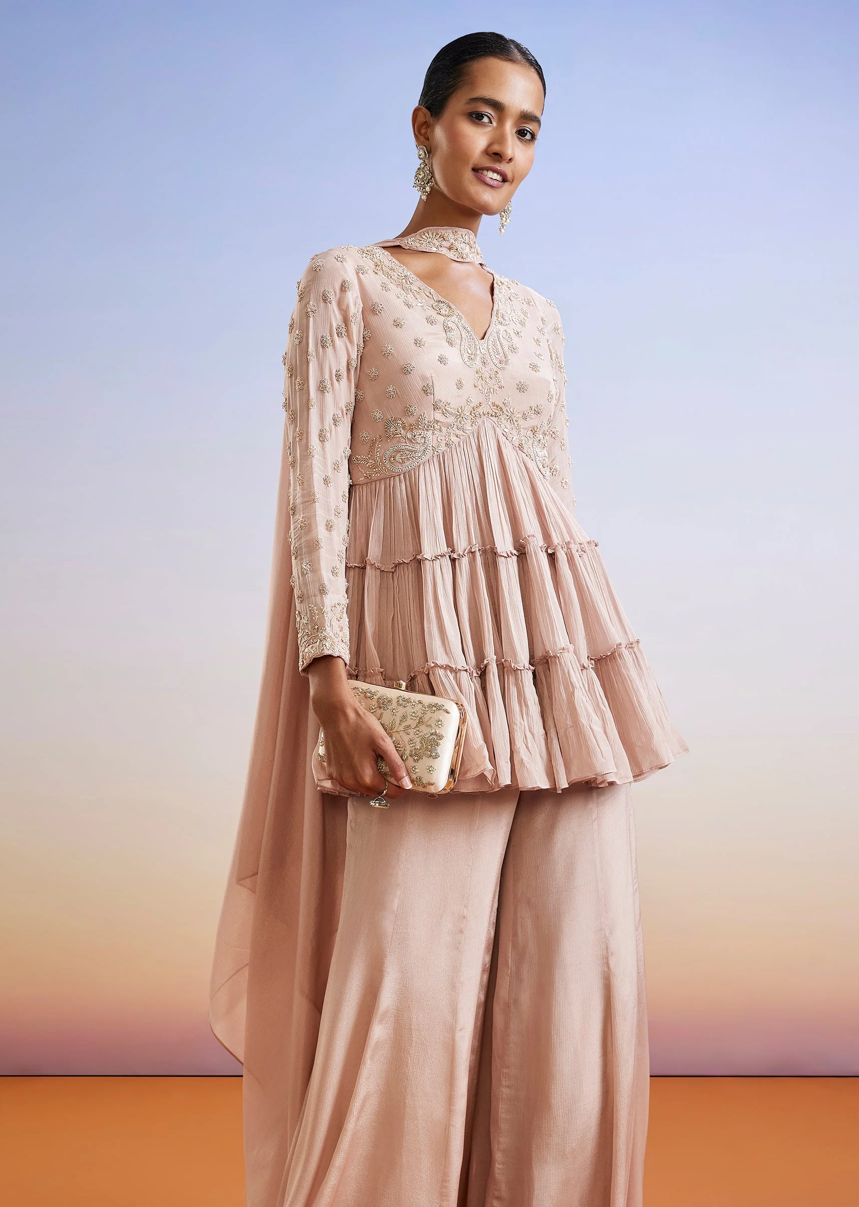 Rose Gold Zardosi Embroidered Chinon Peplum Palazzo Suit With Dupatta - Image 4