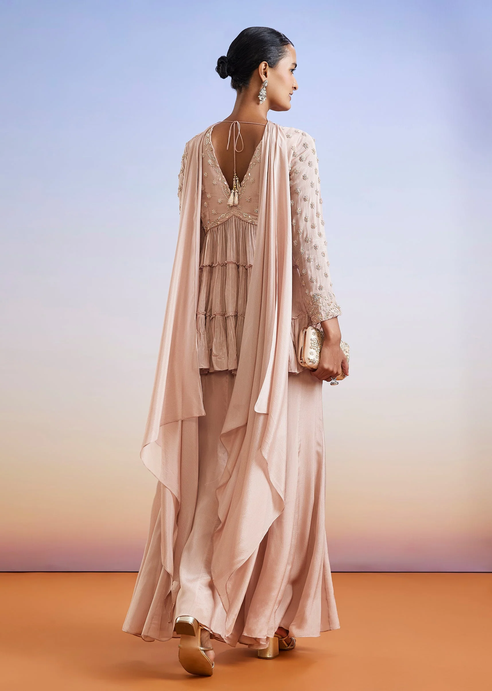 Rose Gold Zardosi Embroidered Chinon Peplum Palazzo Suit With Dupatta - Image 5