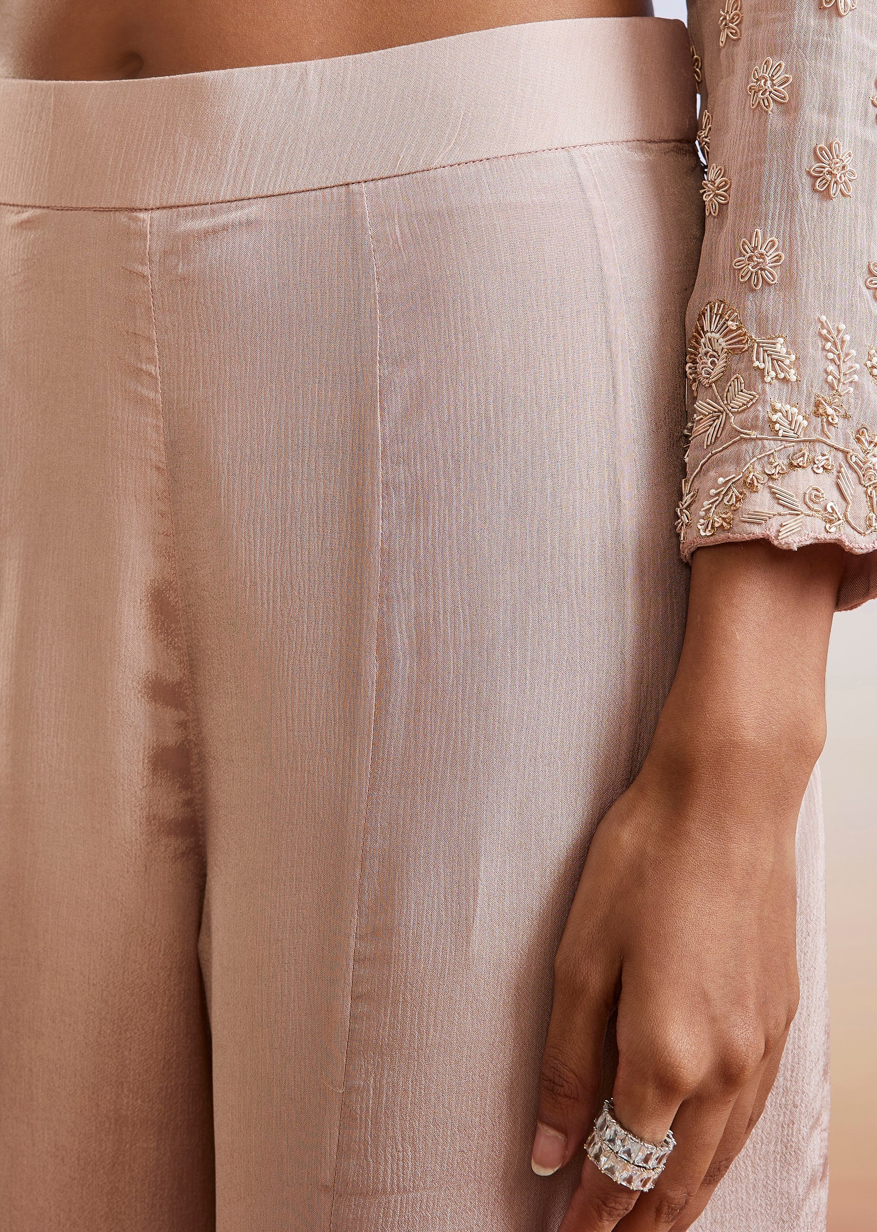 Rose Gold Zardosi Embroidered Chinon Peplum Palazzo Suit With Dupatta - Image 6