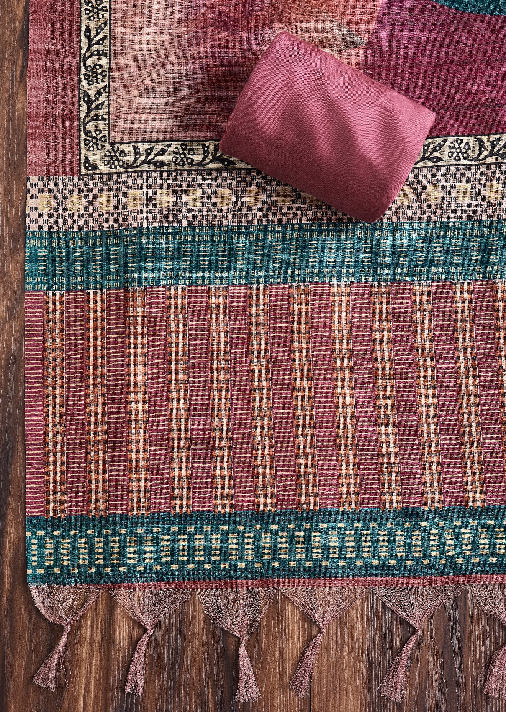 Rose Pink Dola Silk Printed Unstitched Suit Set - Image 4