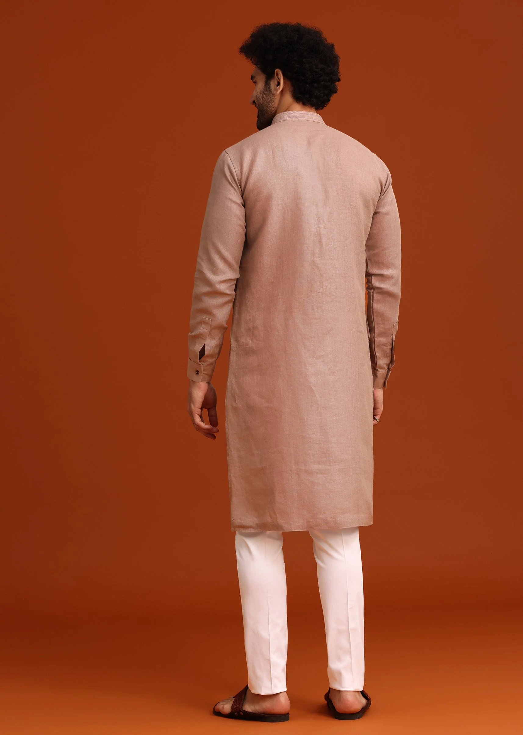 Rose Pink Grand Pairing – Tissue Anarkali With Zardozi Work For Her And Onion Pink Resham Embroidered Linen Kurta For Him - Image 10