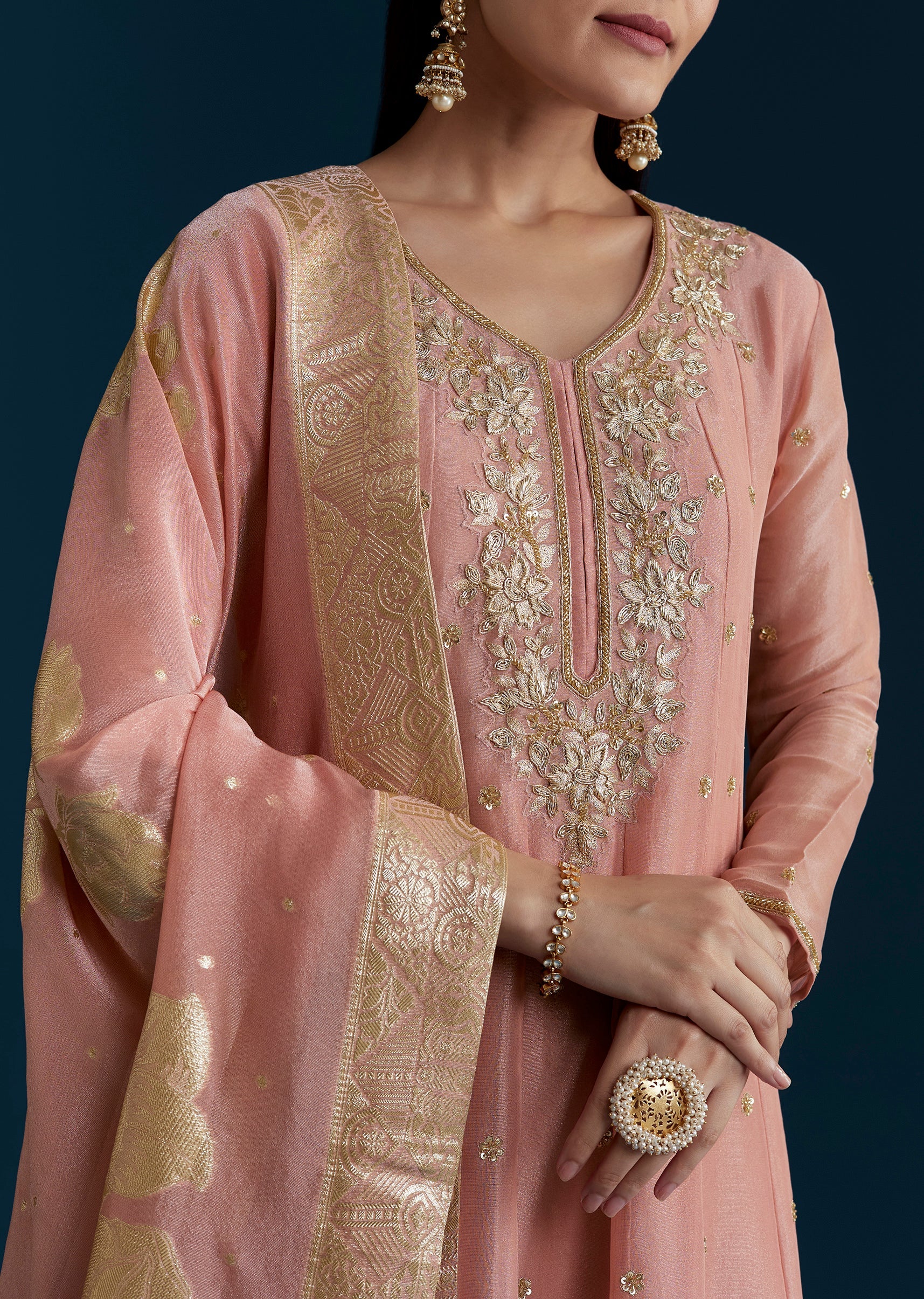 Rose Pink Grand Pairing – Tissue Anarkali With Zardozi Work For Her And Onion Pink Resham Embroidered Linen Kurta For Him - Image 2