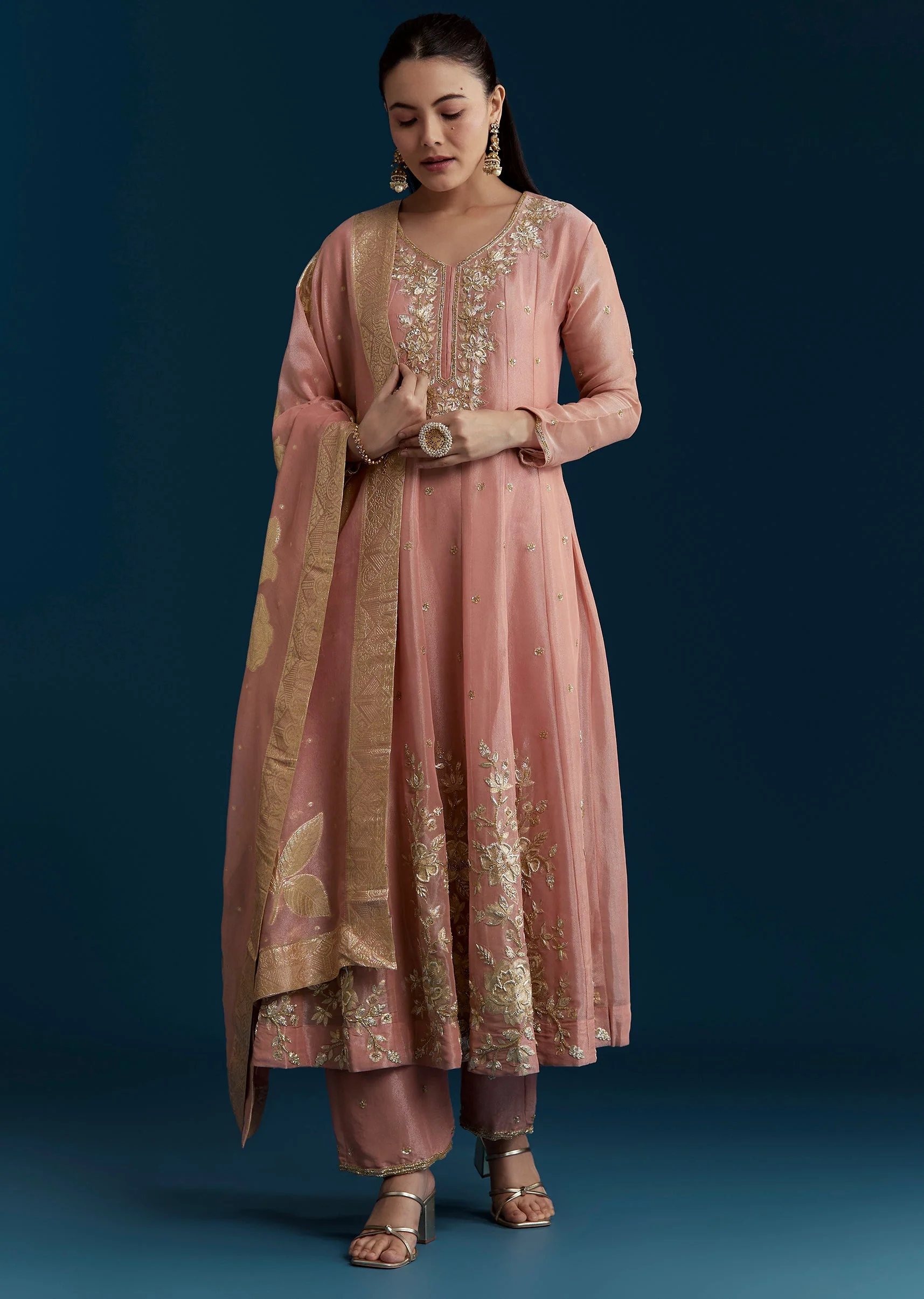 Rose Pink Grand Pairing – Tissue Anarkali With Zardozi Work For Her And Onion Pink Resham Embroidered Linen Kurta For Him - Image 3