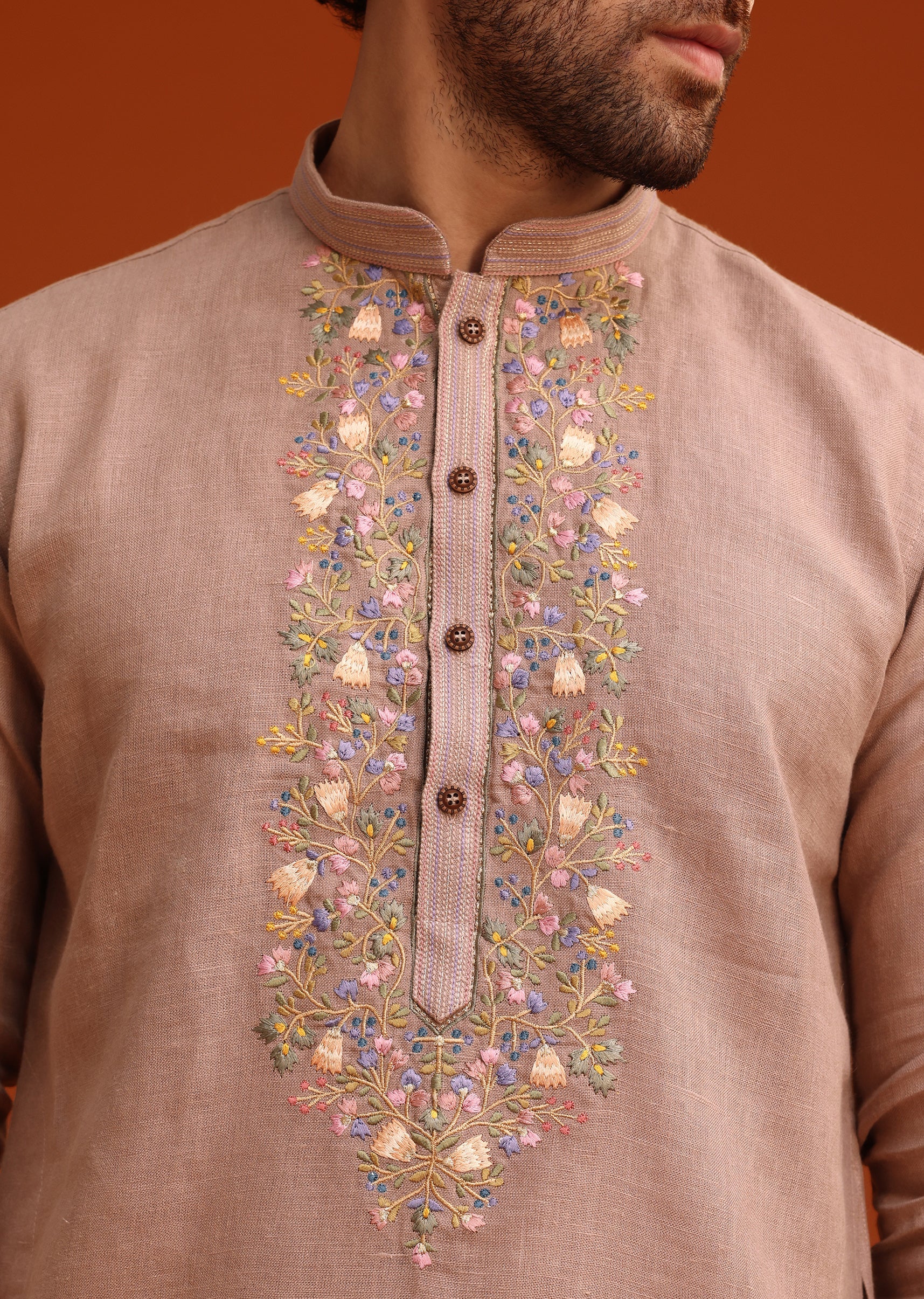 Rose Pink Grand Pairing – Tissue Anarkali With Zardozi Work For Her And Onion Pink Resham Embroidered Linen Kurta For Him - Image 7