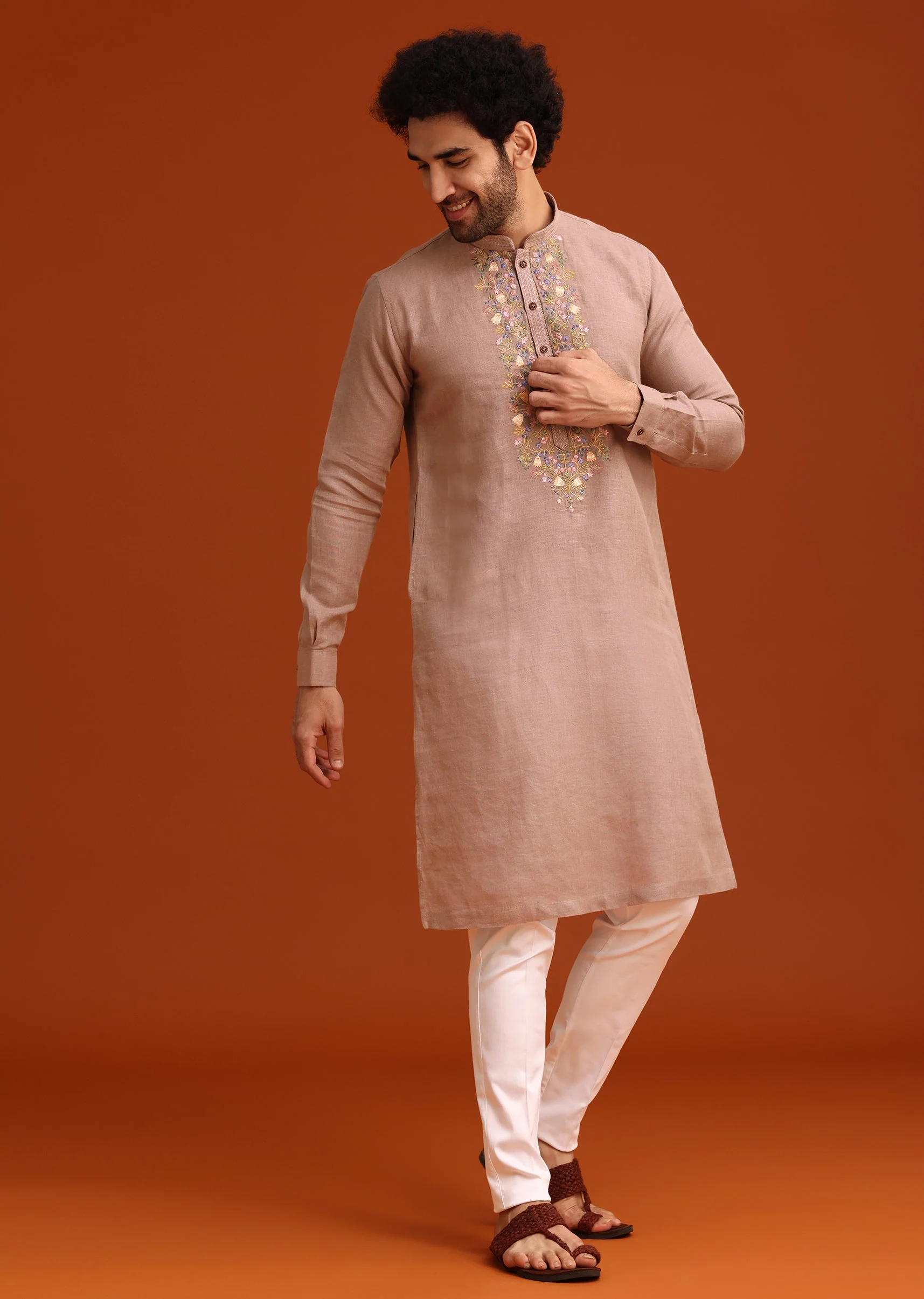 Rose Pink Grand Pairing – Tissue Anarkali With Zardozi Work For Her And Onion Pink Resham Embroidered Linen Kurta For Him - Image 8