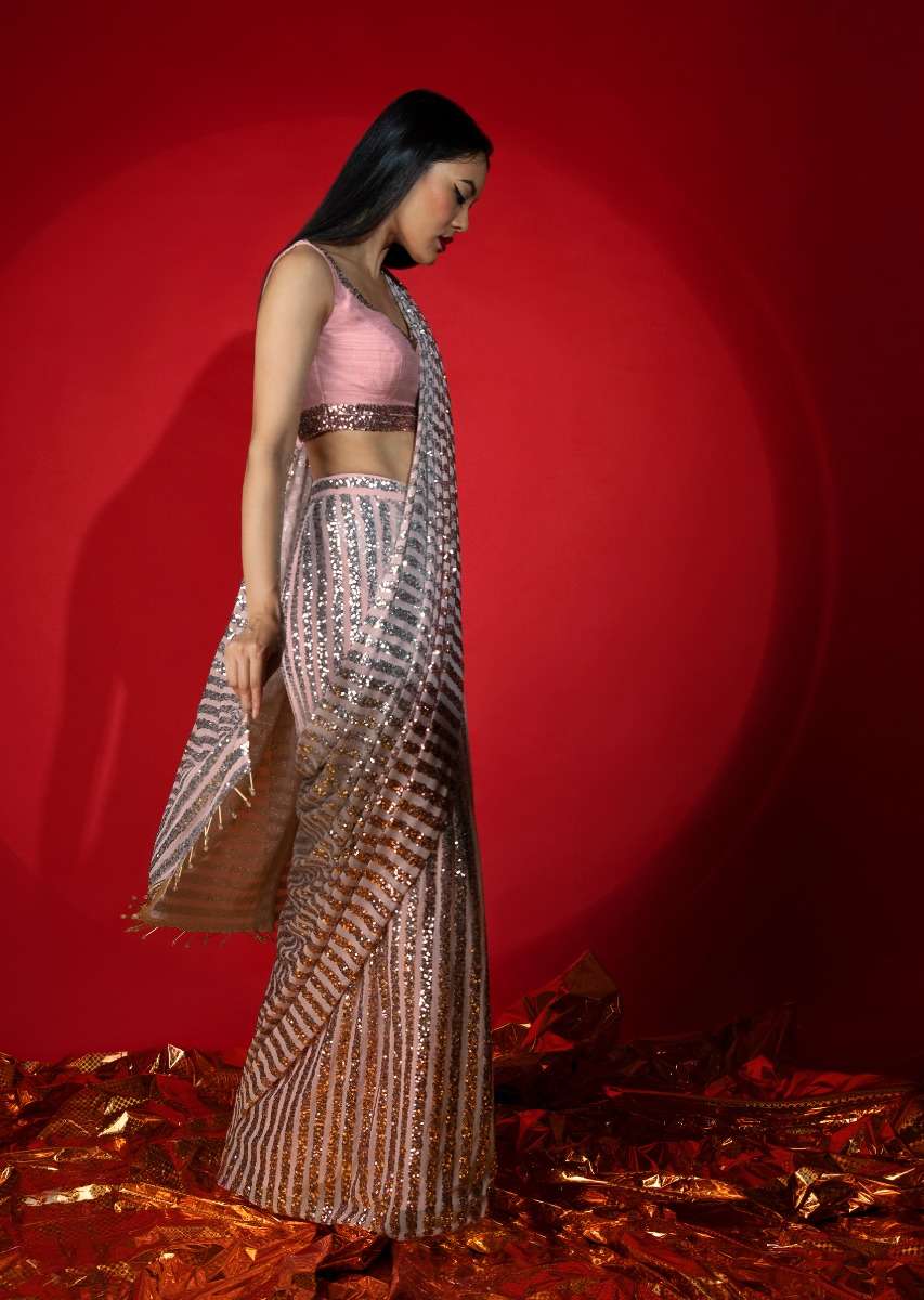 Rose Pink Ombre Ready Pleated Saree Embellished In Sequins With A Raw Silk Blouse Embellished With Sequins - Image 3
