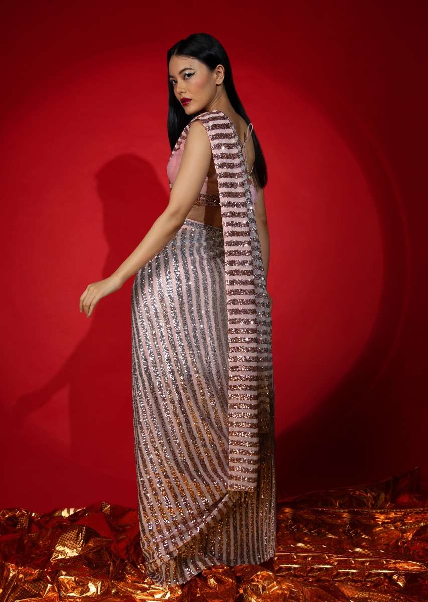Rose Pink Ombre Ready Pleated Saree Embellished In Sequins With A Raw Silk Blouse Embellished With Sequins - Image 4