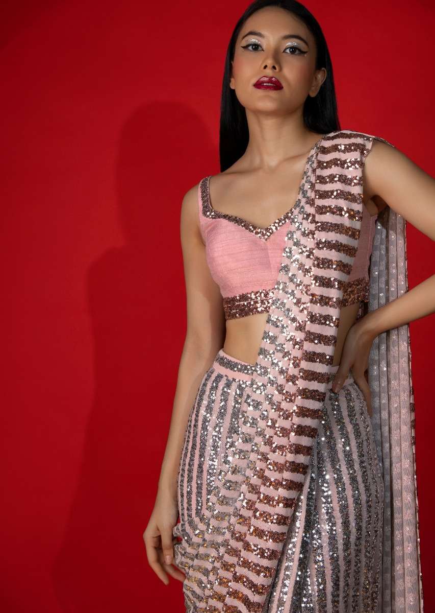 Rose Pink Ombre Ready Pleated Saree Embellished In Sequins With A Raw Silk Blouse Embellished With Sequins - Image 5