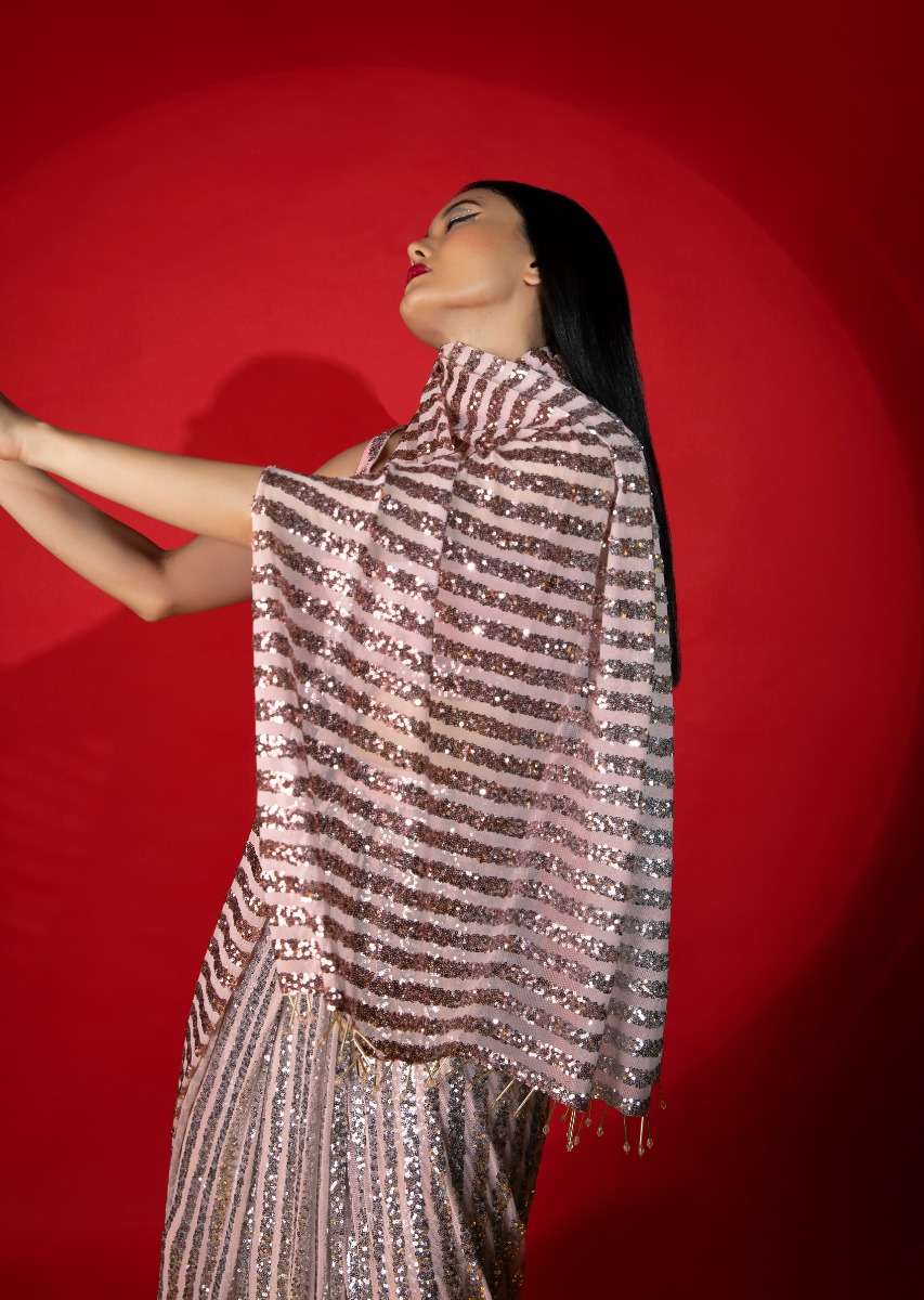 Rose Pink Ombre Ready Pleated Saree Embellished In Sequins With A Raw Silk Blouse Embellished With Sequins - Image 6