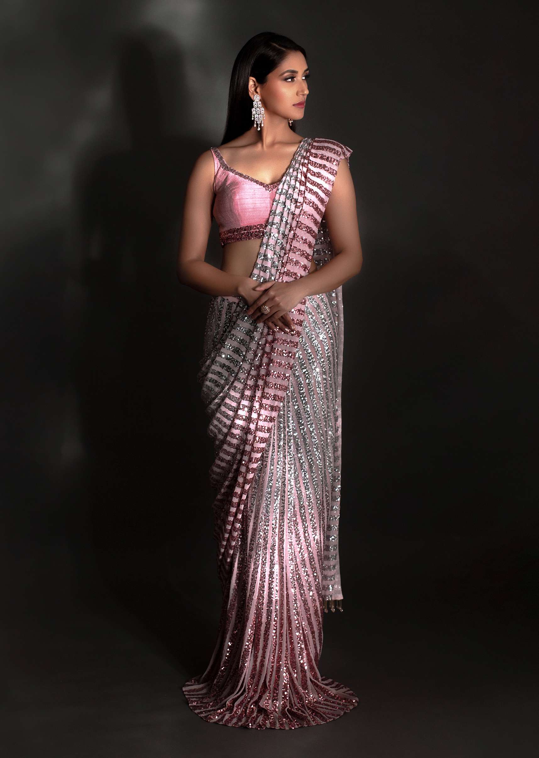Rose Pink Ombre Ready Pleated Saree Embellished In Sequins With A Raw Silk Blouse Embellished With Sequins - Image 9
