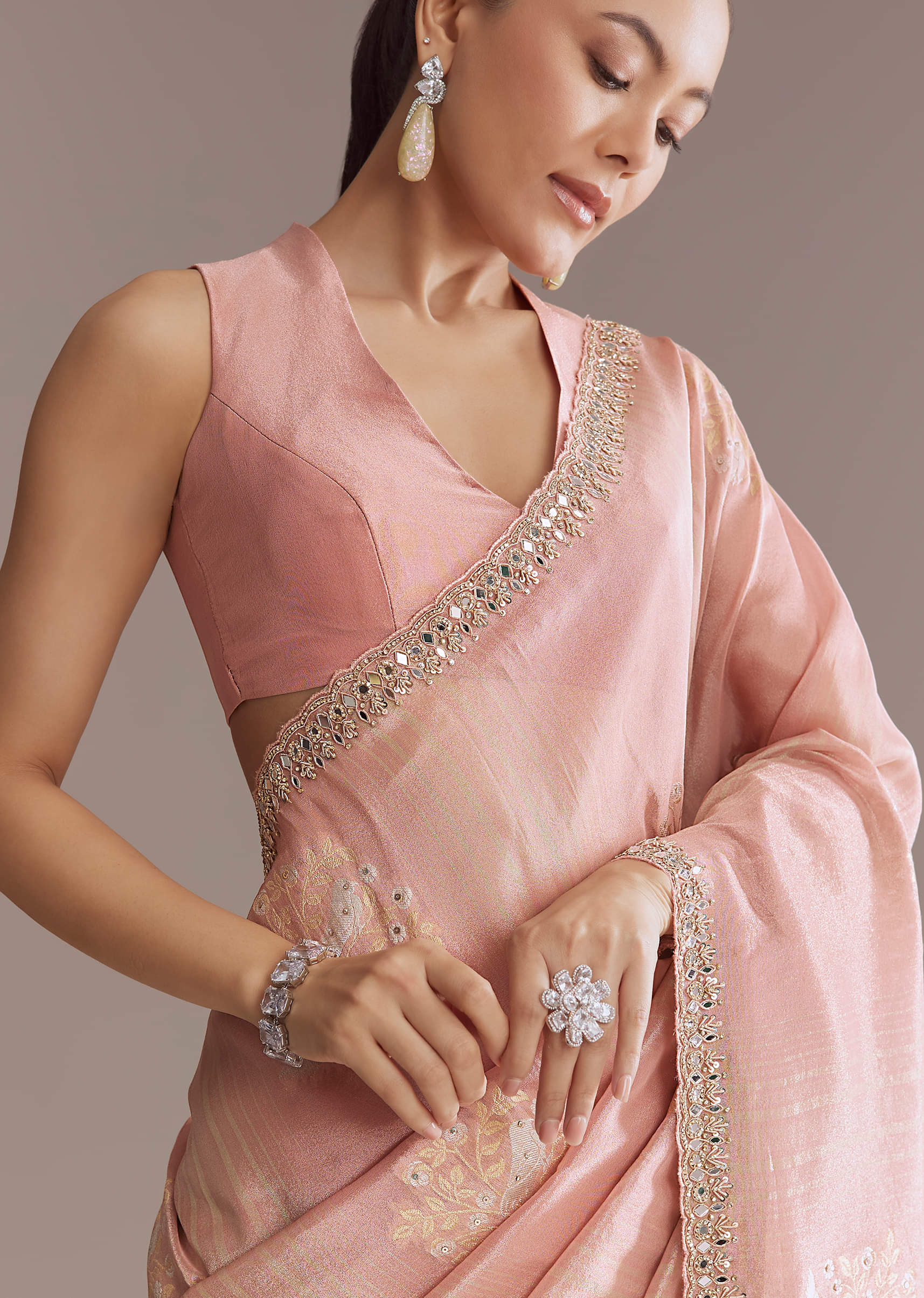 Rose Pink Tissue Saree With Zardosi And Mirror Embroidery - Image 4