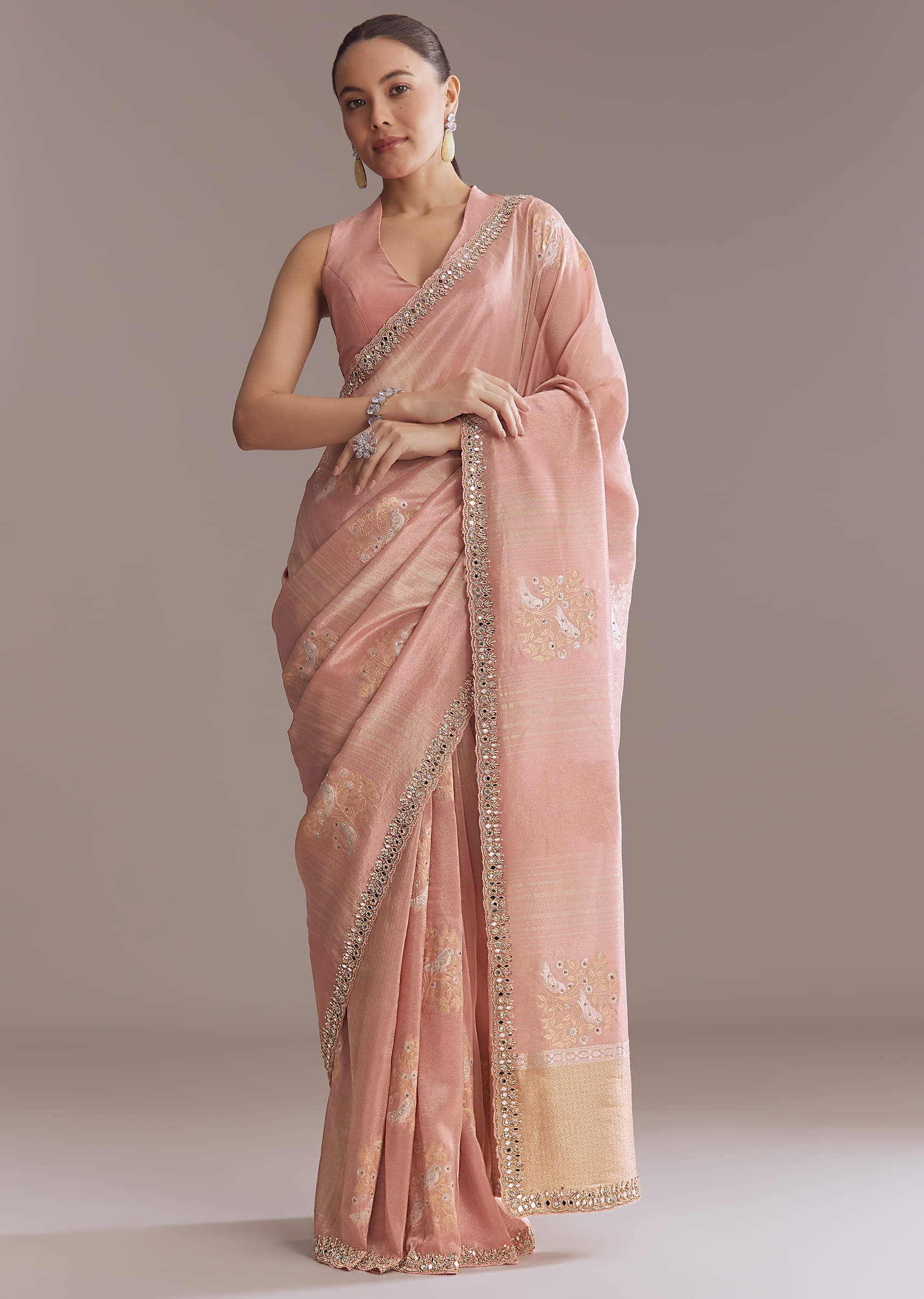 Rose Pink Tissue Saree With Zardosi And Mirror Embroidery - Image 9