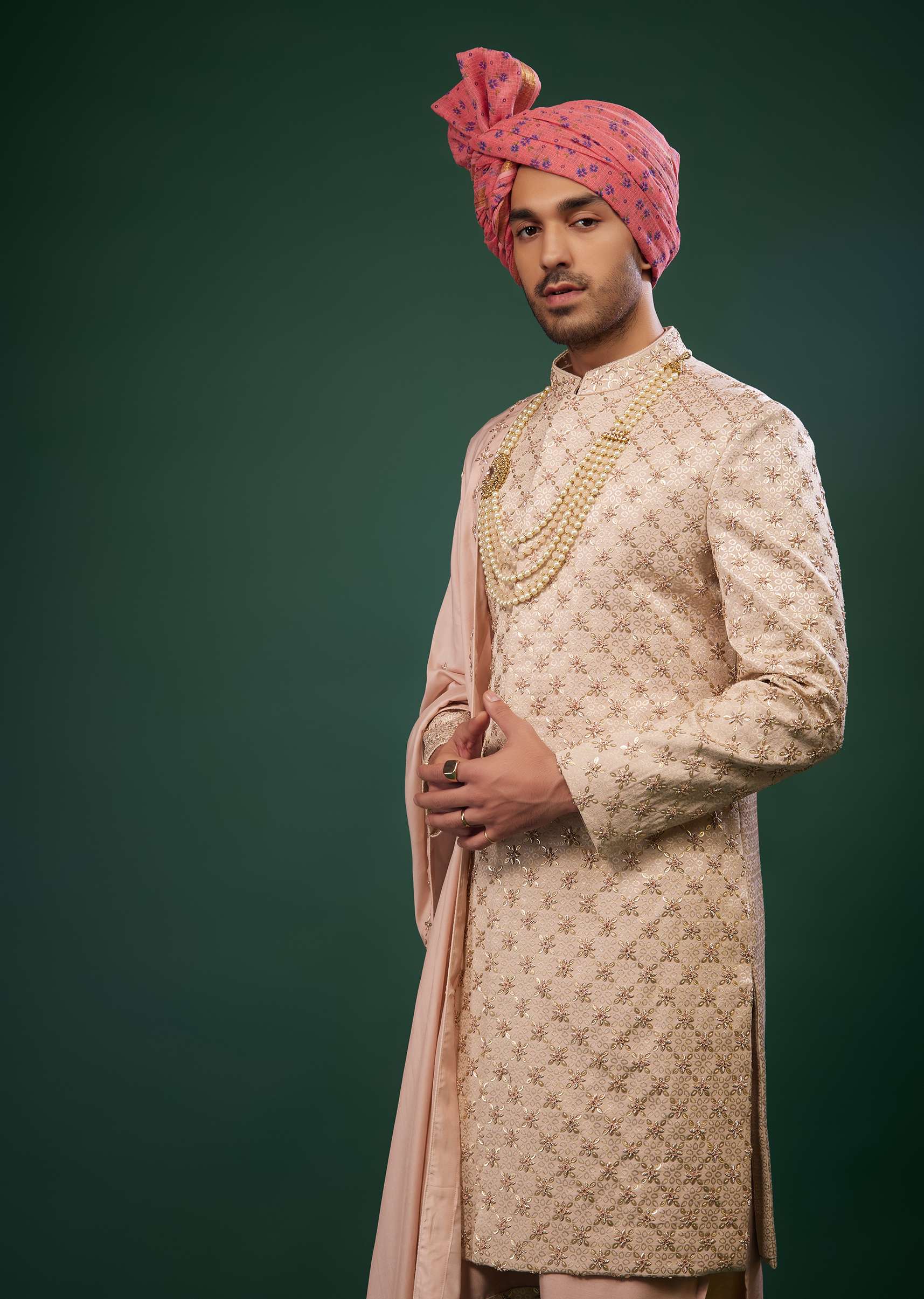 Powder Pink Raw Silk Sherwani Set With Embroidery - Image 2