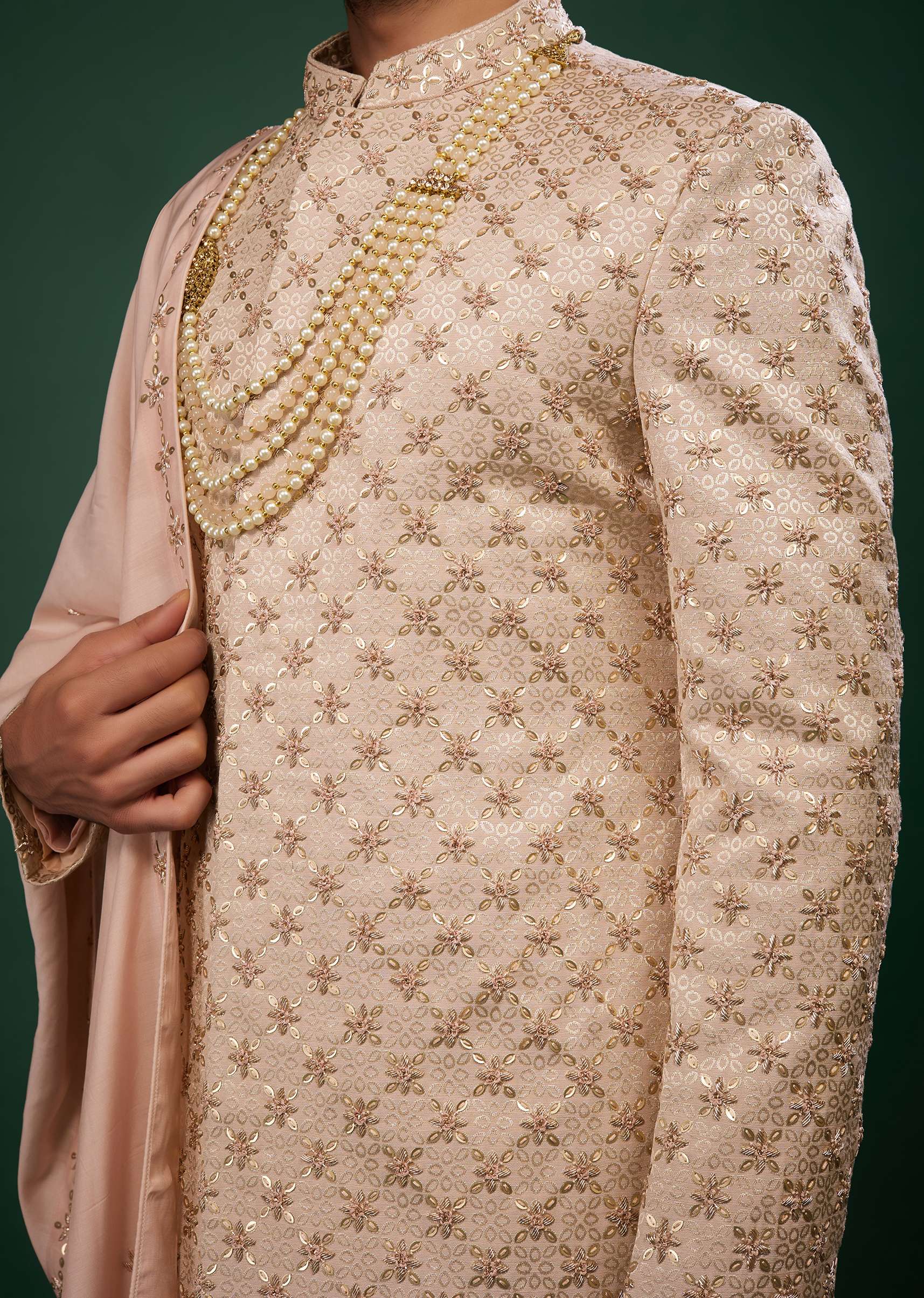 Powder Pink Raw Silk Sherwani Set With Embroidery - Image 4