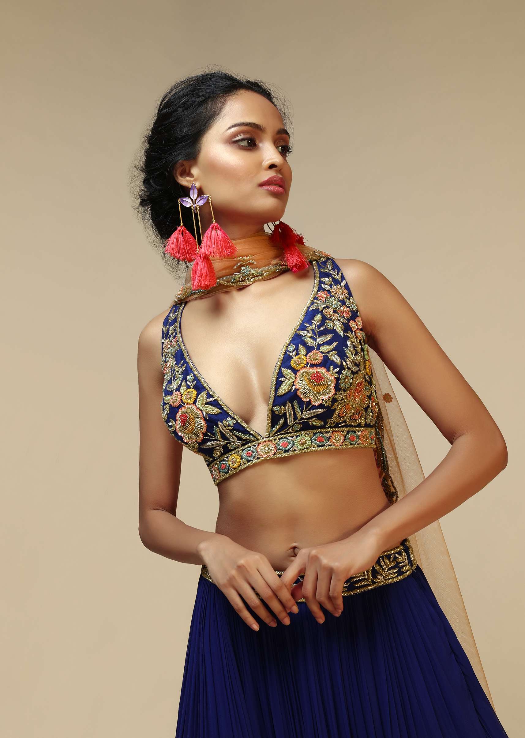 Royal Blue Lehenga Choli With Plunging Neckline And Hand Embroidered Using Multi Colored Beads And Resham - Image 2