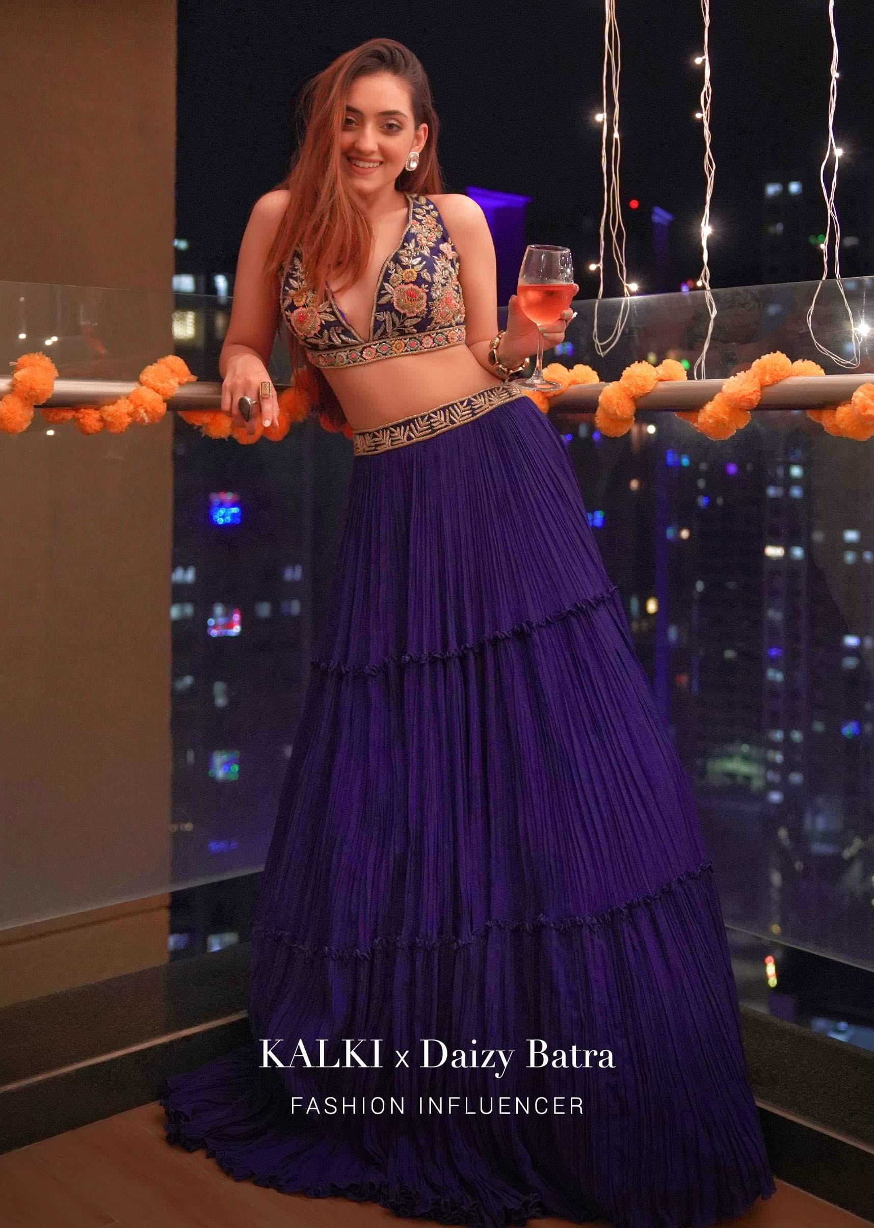 Royal Blue Lehenga Choli With Plunging Neckline And Hand Embroidered Using Multi Colored Beads And Resham - Image 5