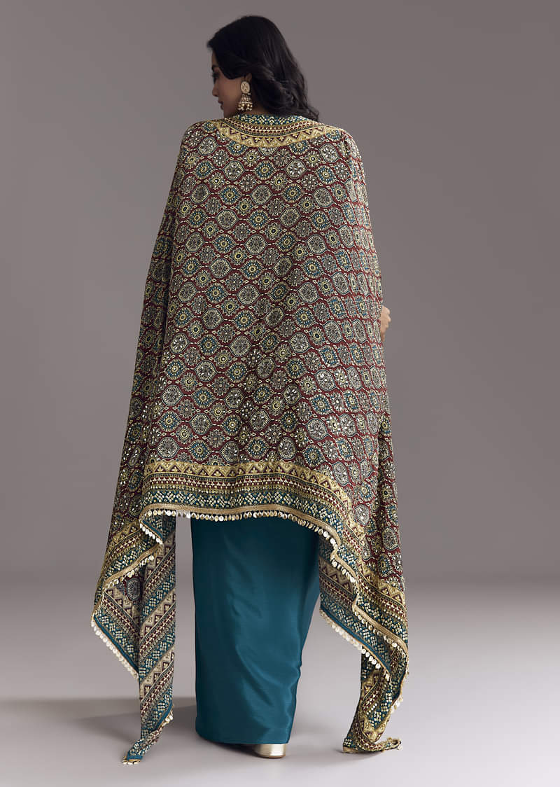 Royal Blue Printed Crop Top Skirt Set With Ajrakh Cape - Image 5