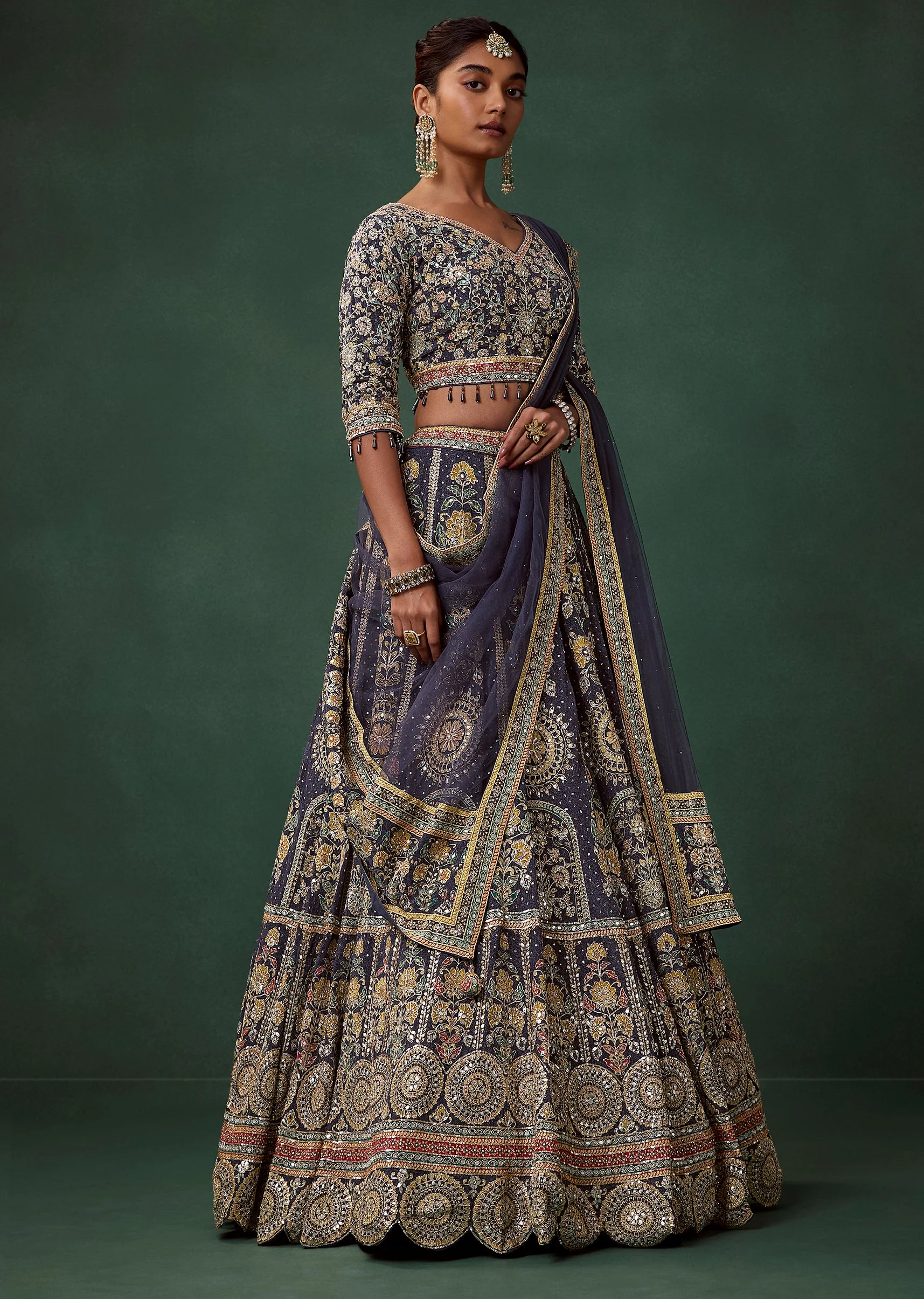 Royal Blue Printed Kali Bridal Lehenga Set with Cutdana Work - Image 4