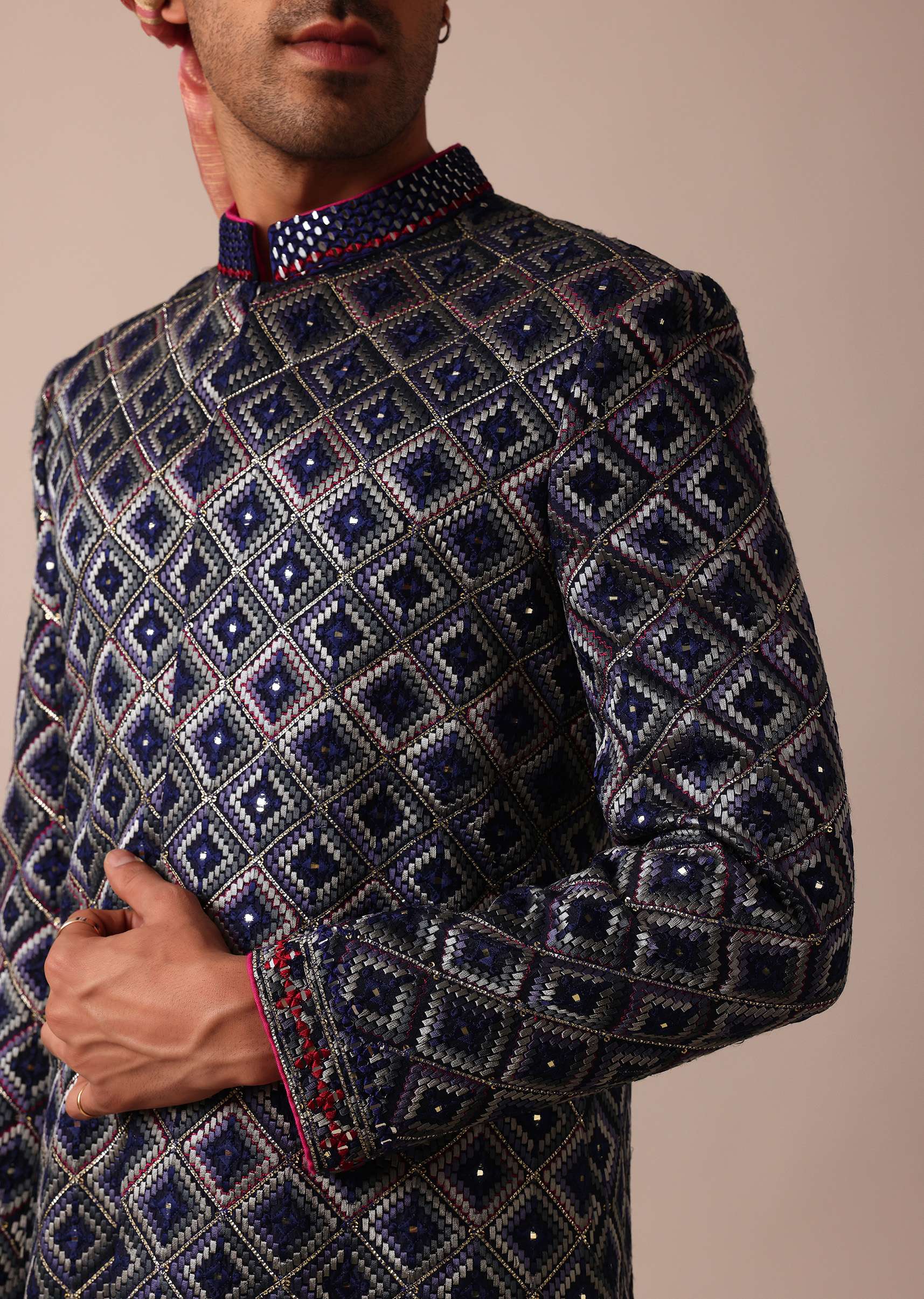 Royal Blue Silk Sherwani With Intricate Neckline Embroidery - Image 2