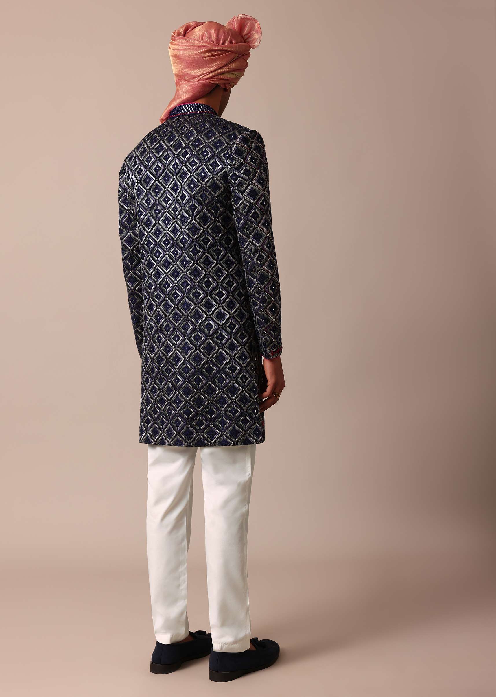 Royal Blue Silk Sherwani With Intricate Neckline Embroidery - Image 5