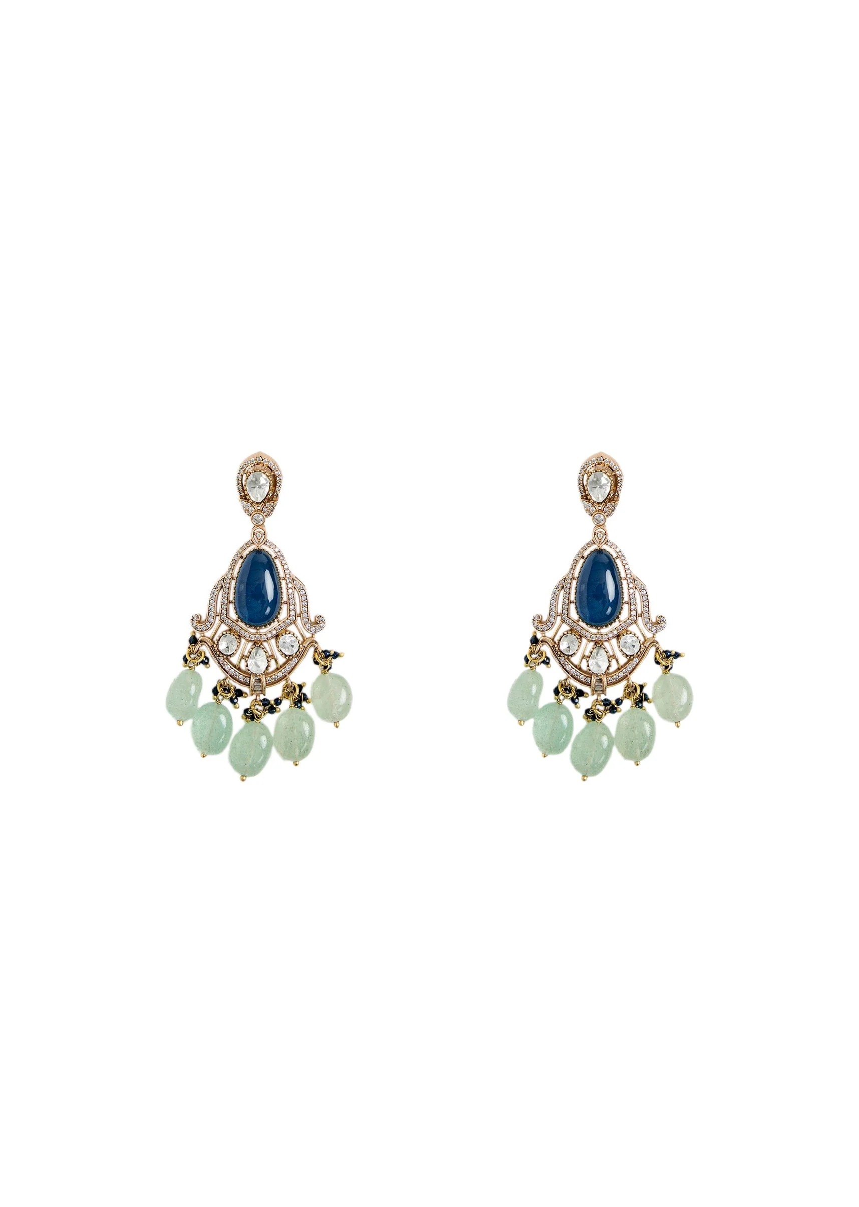 Royal Blue Stone And Green Beaded Kundan Necklace Set - Image 4