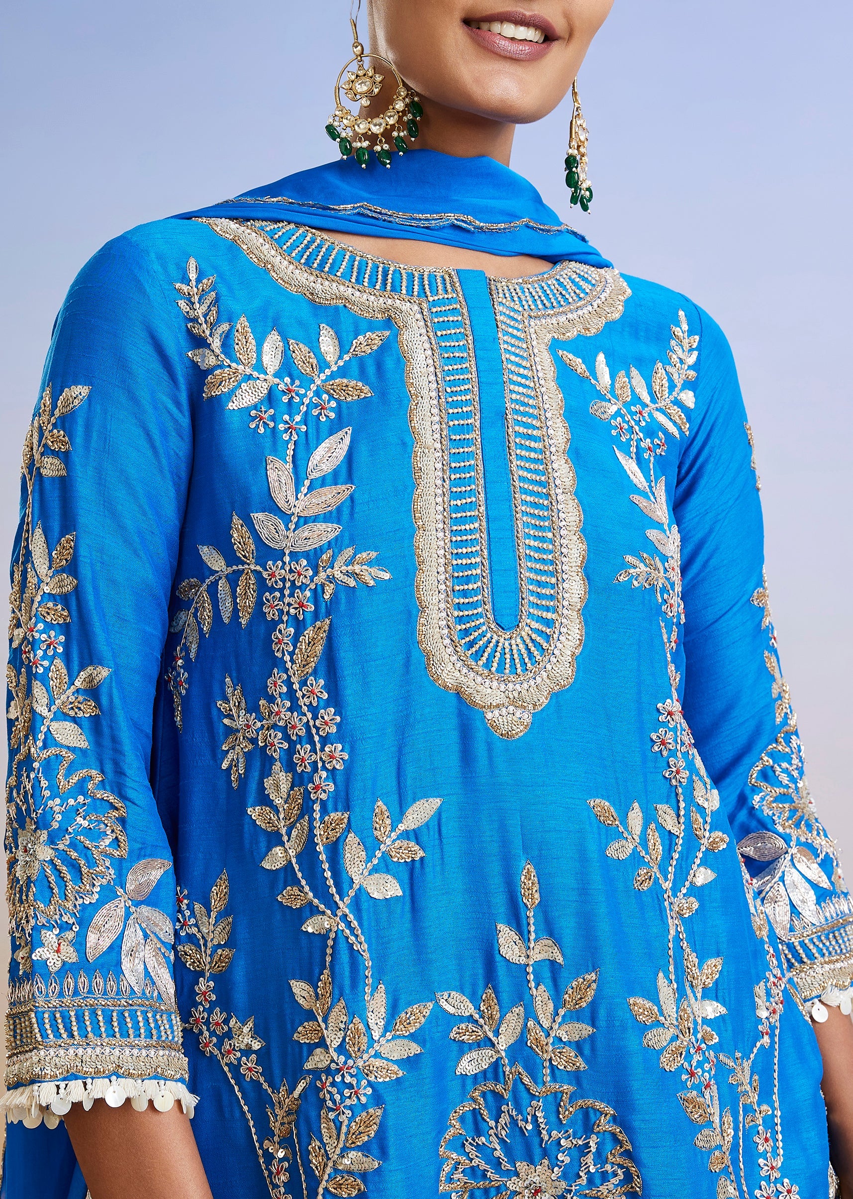 Royal Blue Zardosi Embroidered Silk Palazzo Suit With Dupatta - Image 2