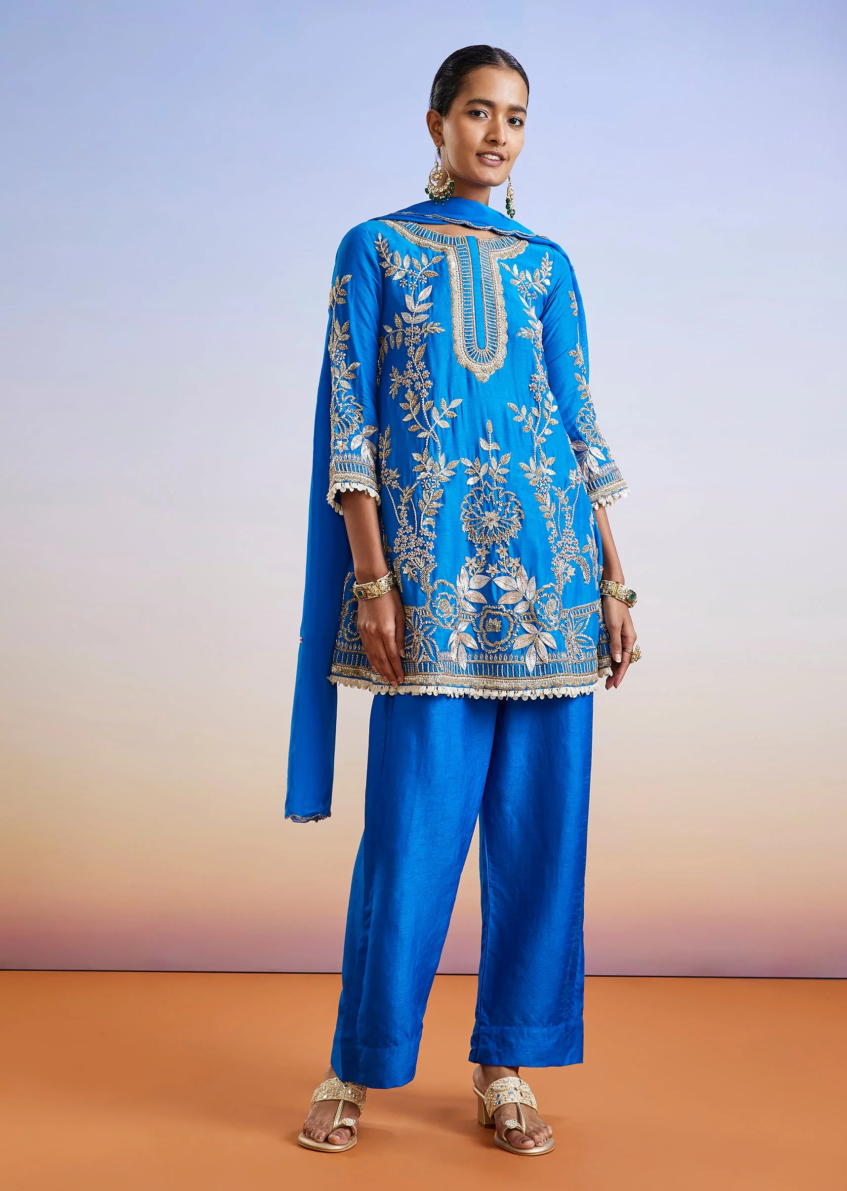 Royal Blue Zardosi Embroidered Silk Palazzo Suit With Dupatta - Image 3