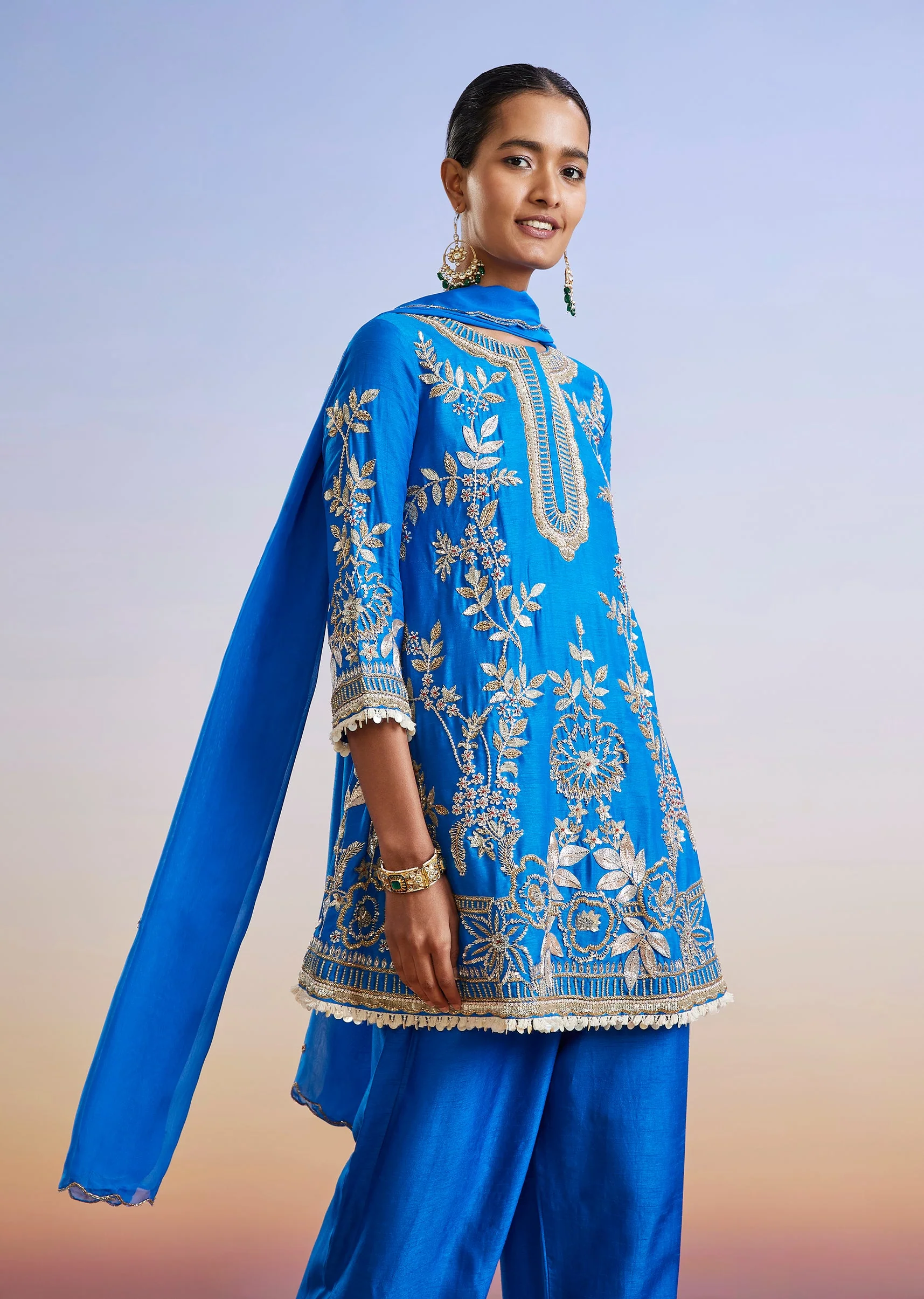 Royal Blue Zardosi Embroidered Silk Palazzo Suit With Dupatta - Image 4