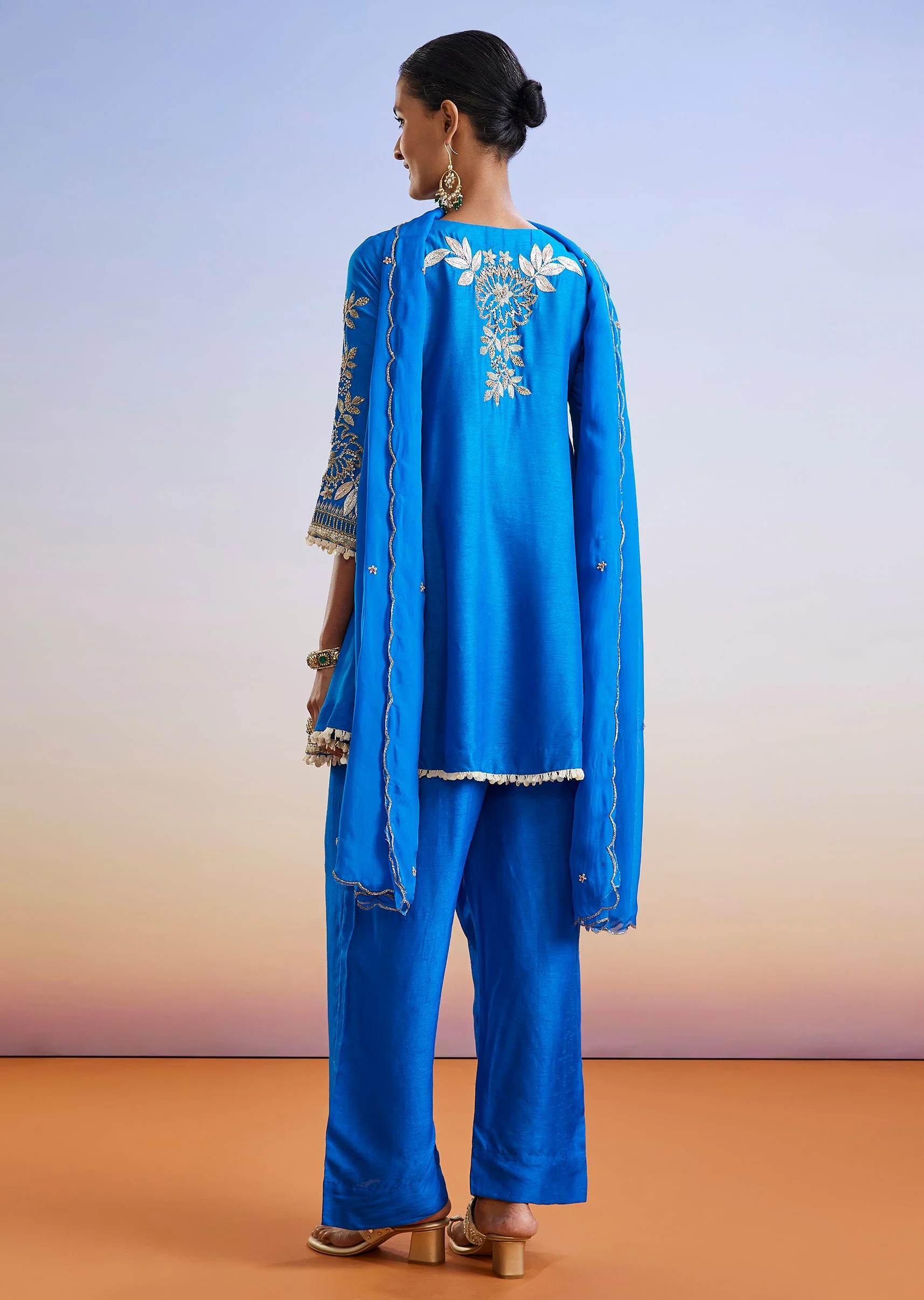 Royal Blue Zardosi Embroidered Silk Palazzo Suit With Dupatta - Image 5