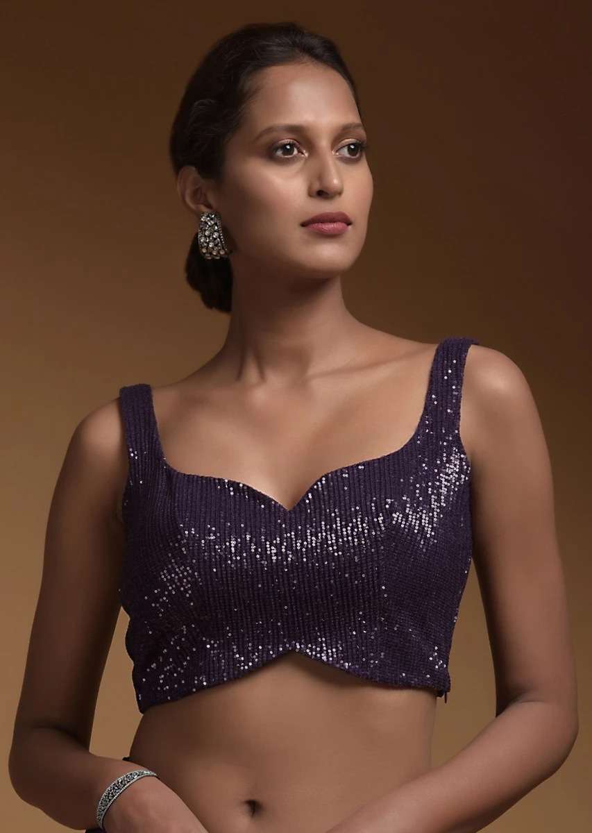 Royal Purple Crop Top Embellished In Sequins With Sweetheart Neckline - Image 2