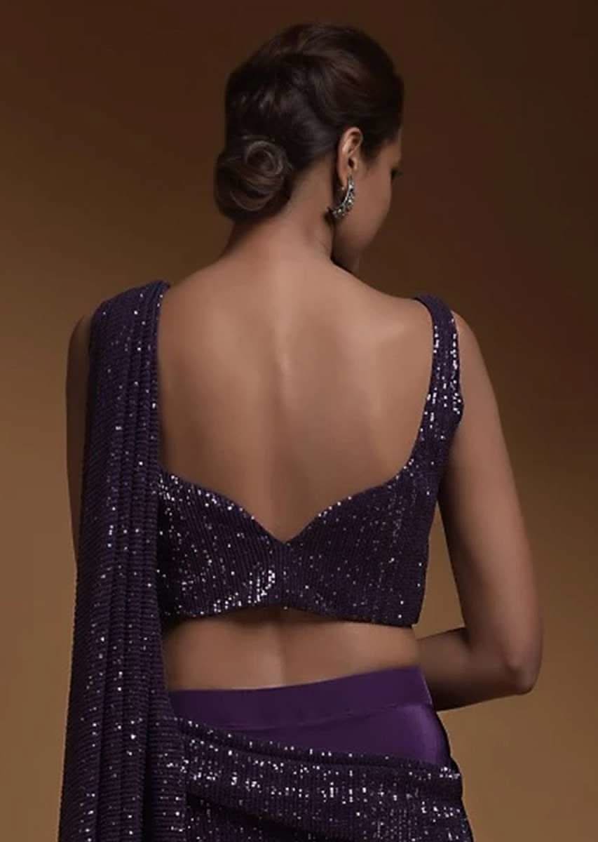 Royal Purple Crop Top Embellished In Sequins With Sweetheart Neckline - Image 3