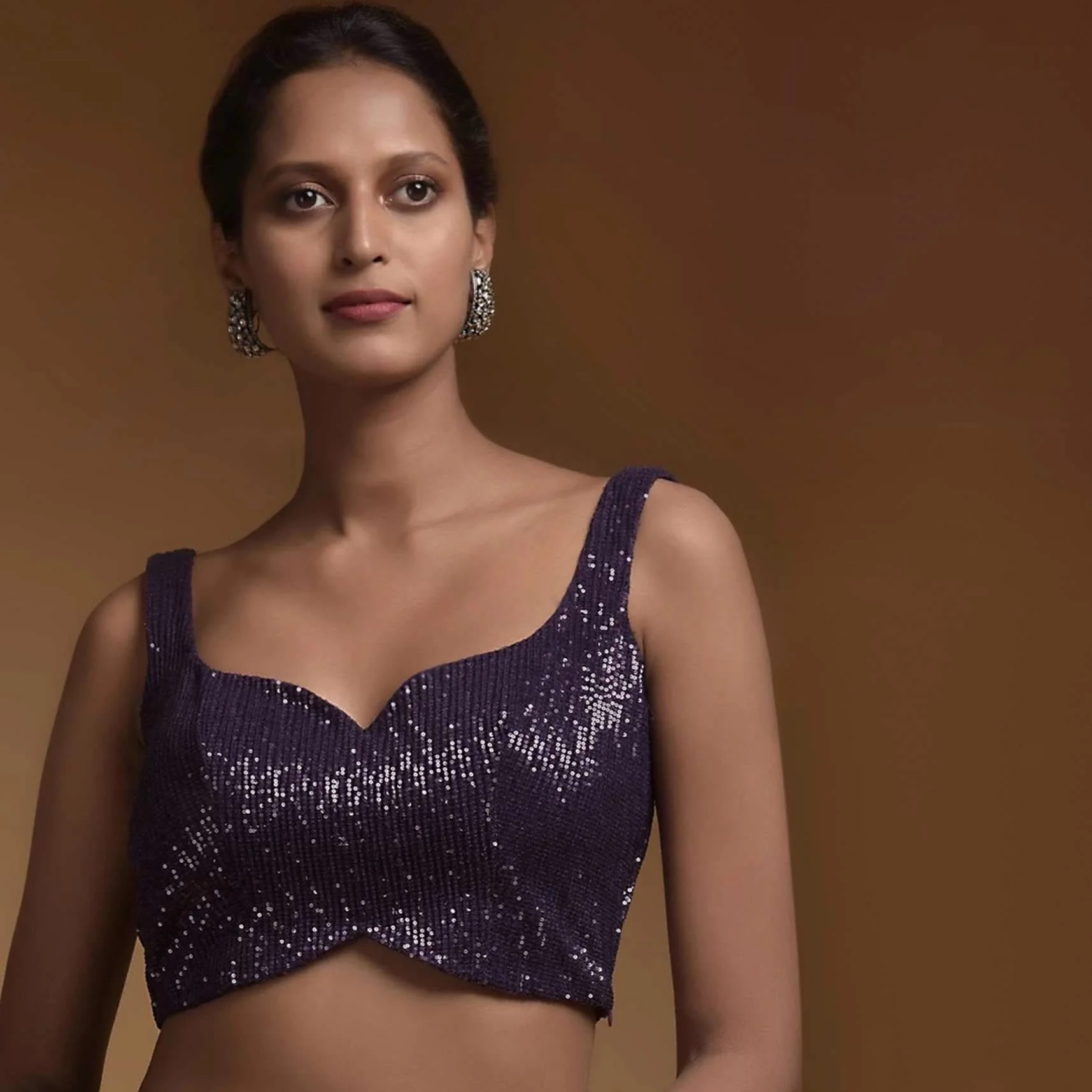 Royal Purple Crop Top Embellished In Sequins With Sweetheart Neckline - Image 4