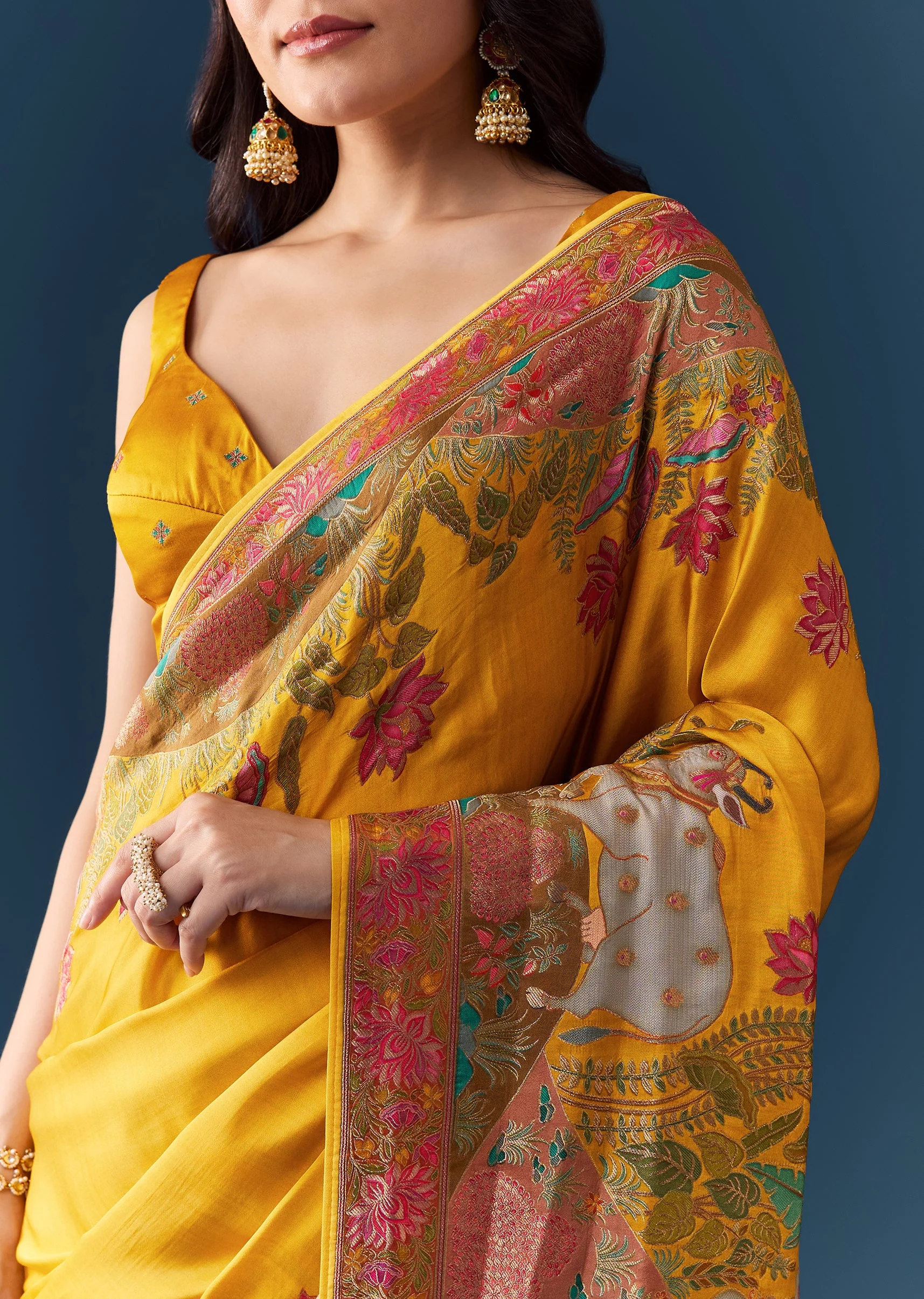 Royal Wedding Couple Set – Mustard Banarasi Silk Saree For Her And Yellow Kurta Set For Him - Image 2